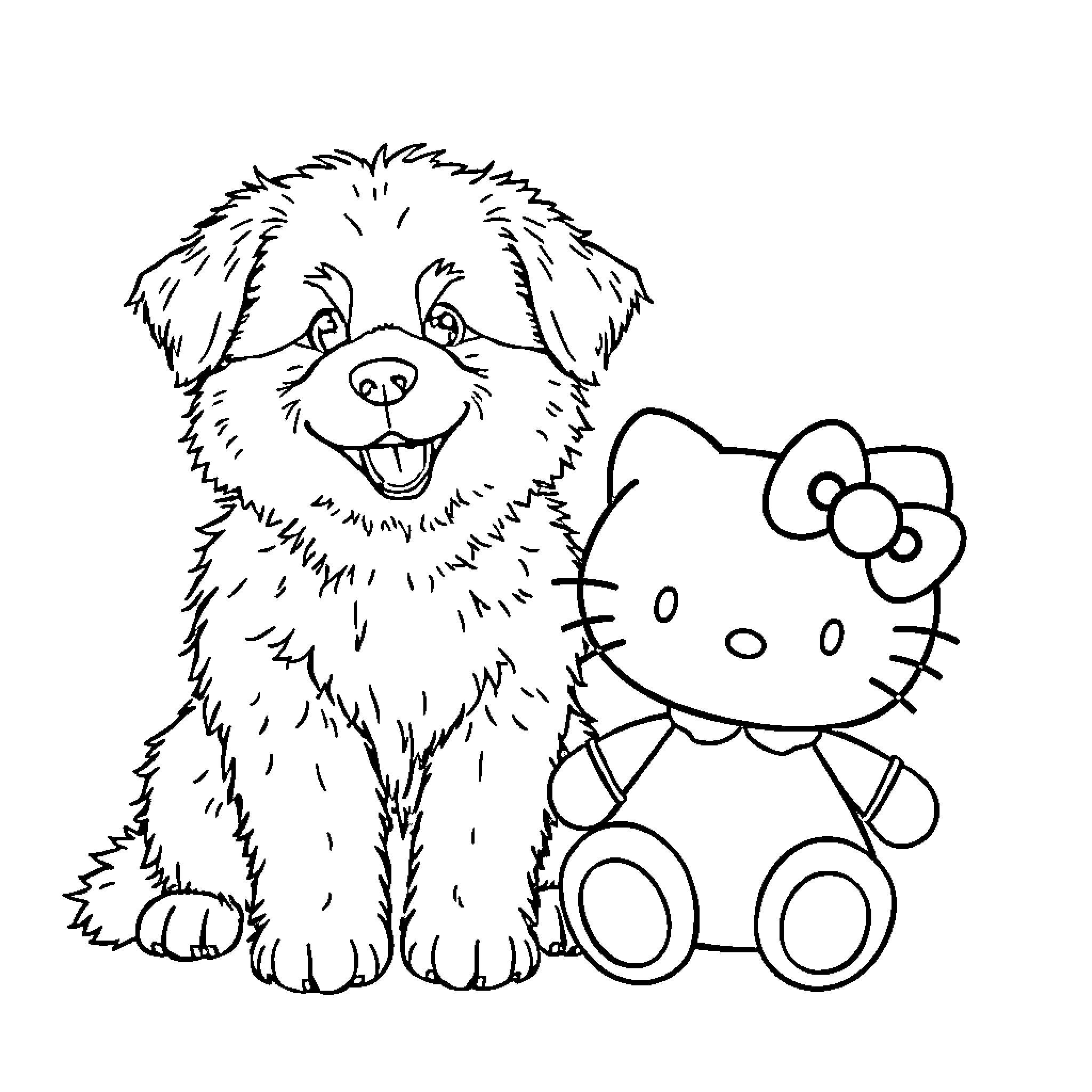 Dog and Kitty Cartoon Companions Coloring Page (free black-and-white line drawing printable PDF for all, from beginners to advanced learners, including children, teens, adults, and seniors)