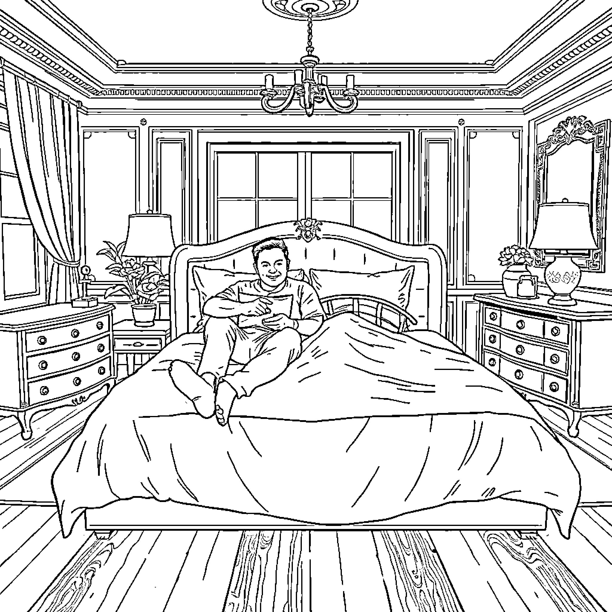 Mike Johnson relaxing comfortably in his bedroom Coloring Page (free black-and-white line drawing printable PDF for all, from beginners to advanced learners, including children, teens, adults, and seniors)