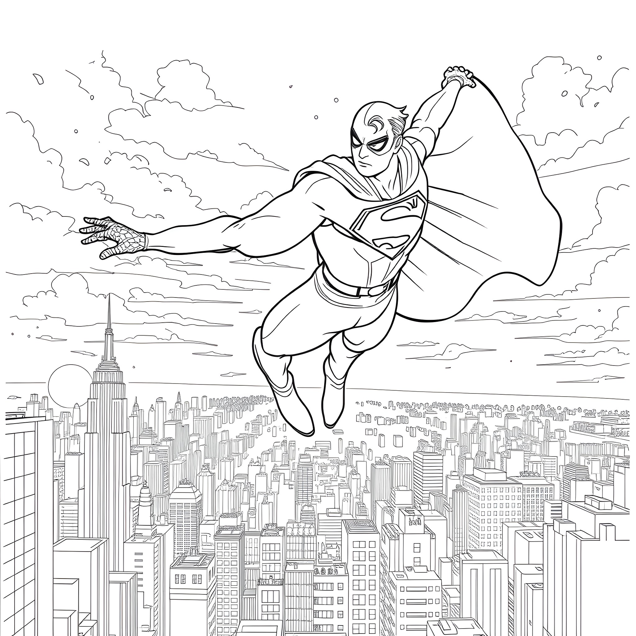 Spiderman soaring over the city skyline Coloring Page (free black-and-white line drawing printable PDF for all, from beginners to advanced learners, including children, teens, adults, and seniors)