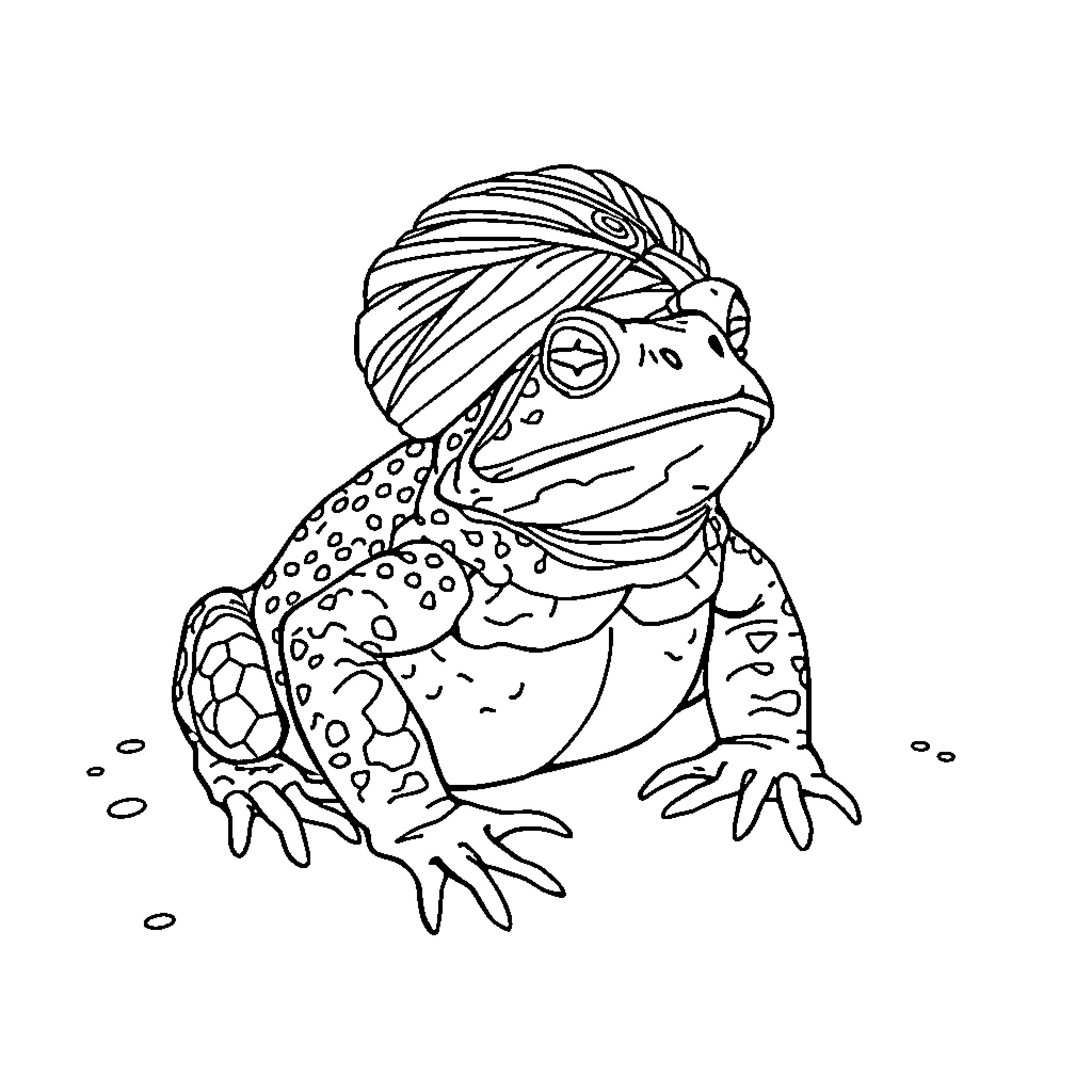 Toad wearing a turban and enjoying the outdoors Coloring Page (free black-and-white line drawing printable PDF for all, from beginners to advanced learners, including children, teens, adults, and seniors)