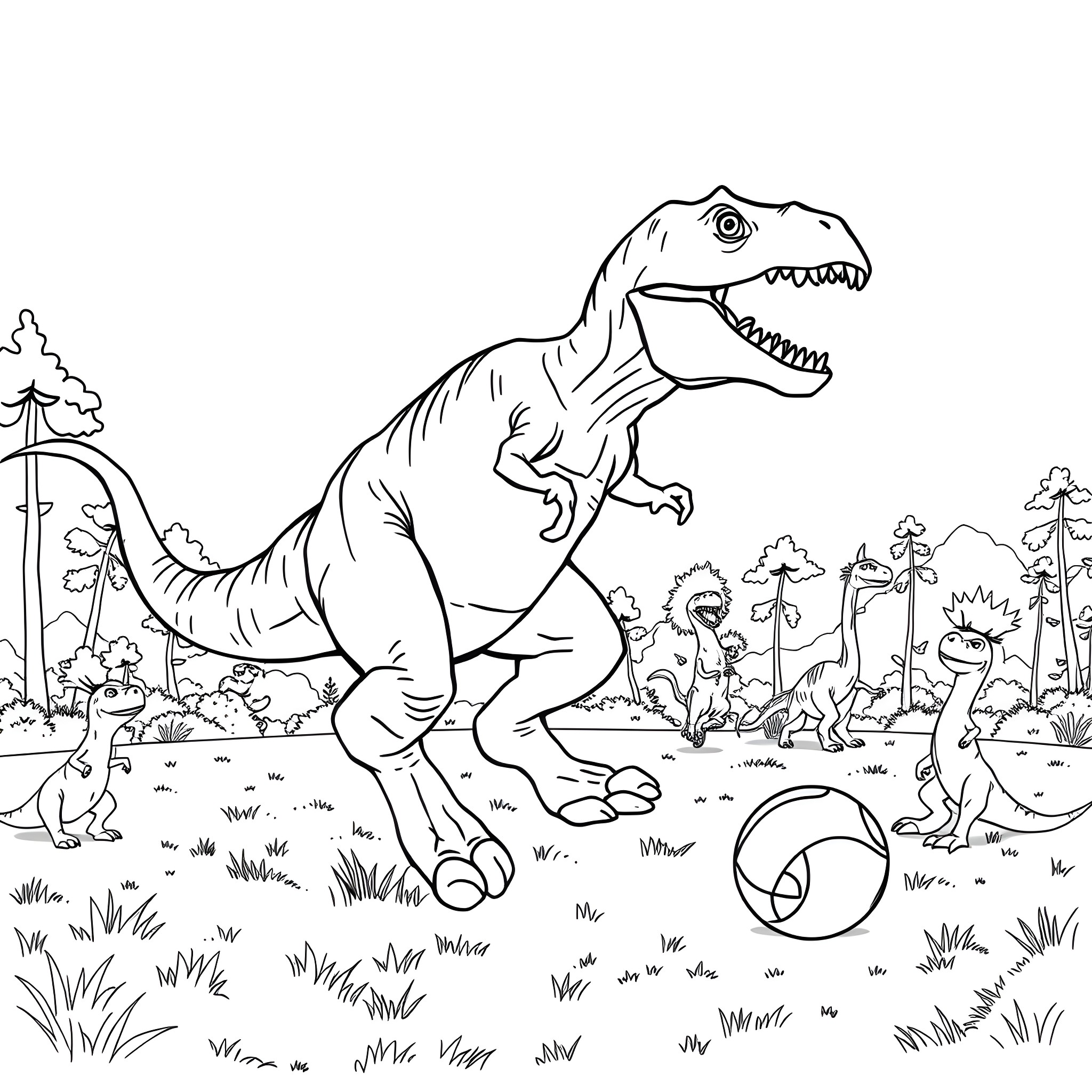 T-Rex Chasing Dinosaurs in the Prehistoric Landscape Coloring Page (free black-and-white line drawing printable PDF for all, from beginners to advanced learners, including children, teens, adults, and seniors)