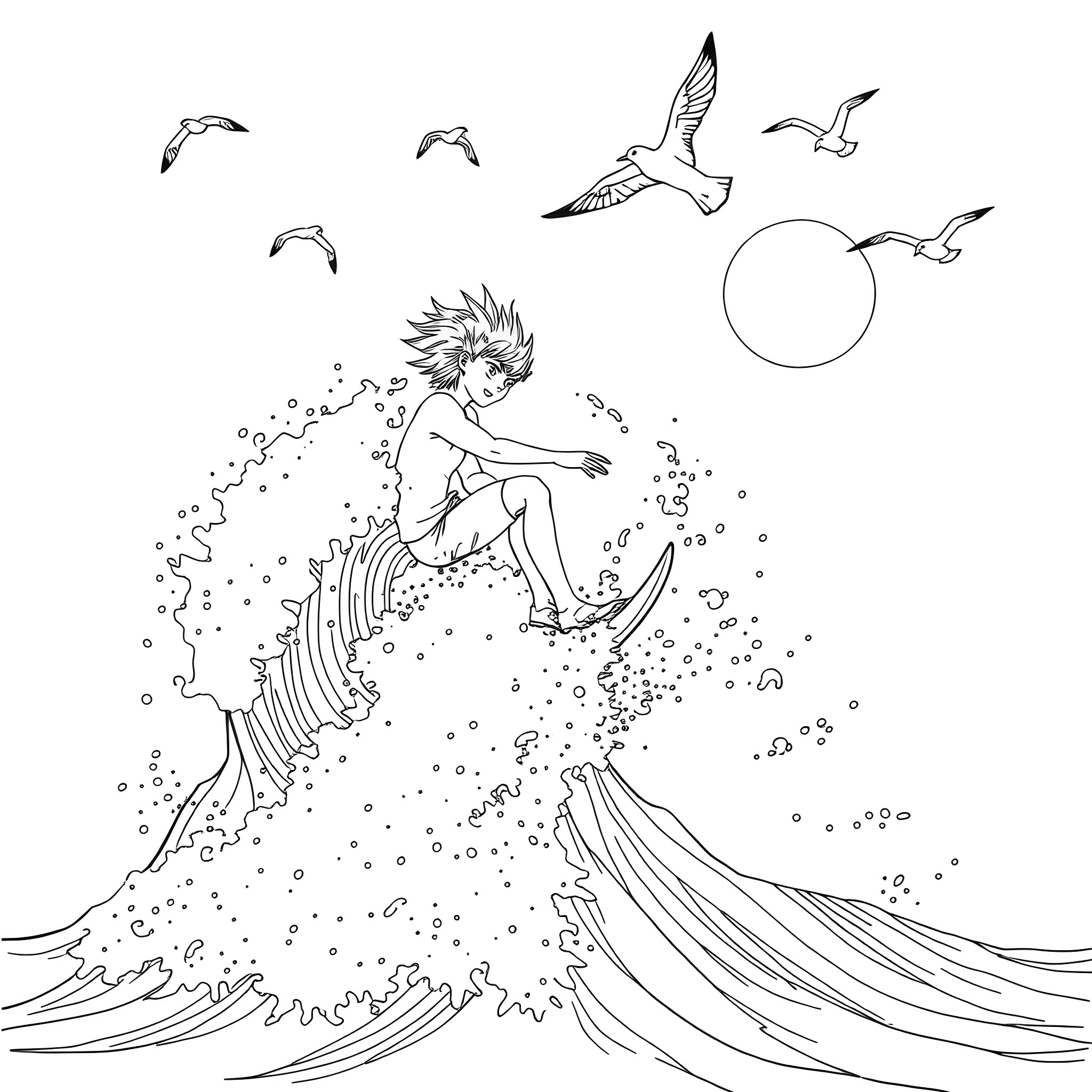 Bakugo riding the waves with seagulls in the sky Coloring Page (free black-and-white line drawing printable PDF for all, from beginners to advanced learners, including children, teens, adults, and seniors)