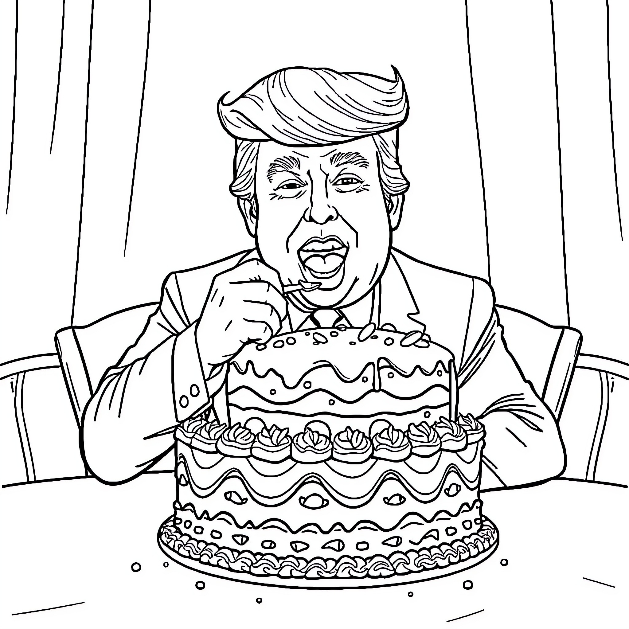 Donald Trump Enthusiastically Eating a Decorated Cake Coloring Page (free black-and-white line drawing printable PDF for all, from beginners to advanced learners, including children, teens, adults, and seniors)