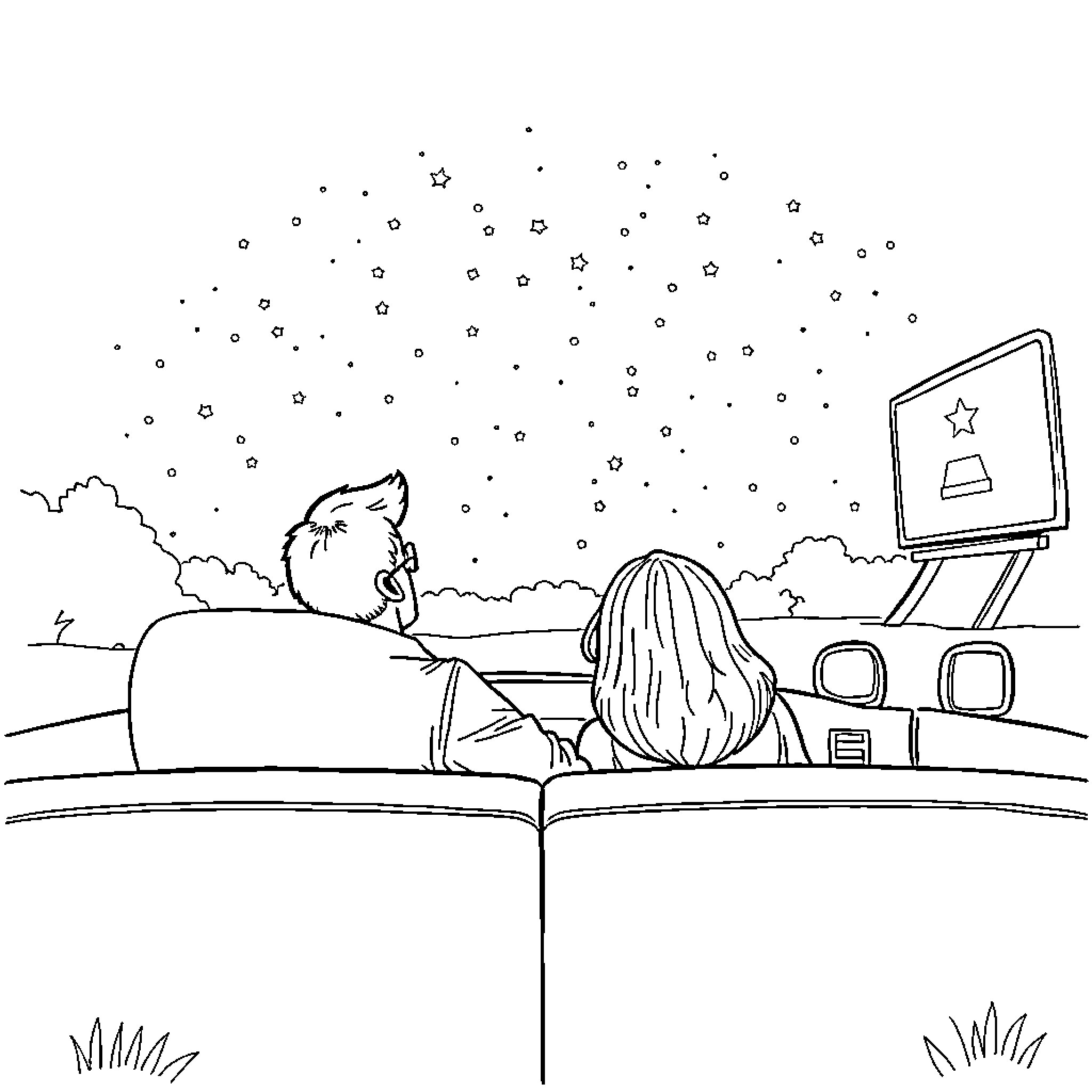 Car Owners Enjoying Peaceful Starry Night Outdoors Coloring Page (free black-and-white line drawing printable PDF for all, from beginners to advanced learners, including children, teens, adults, and seniors)
