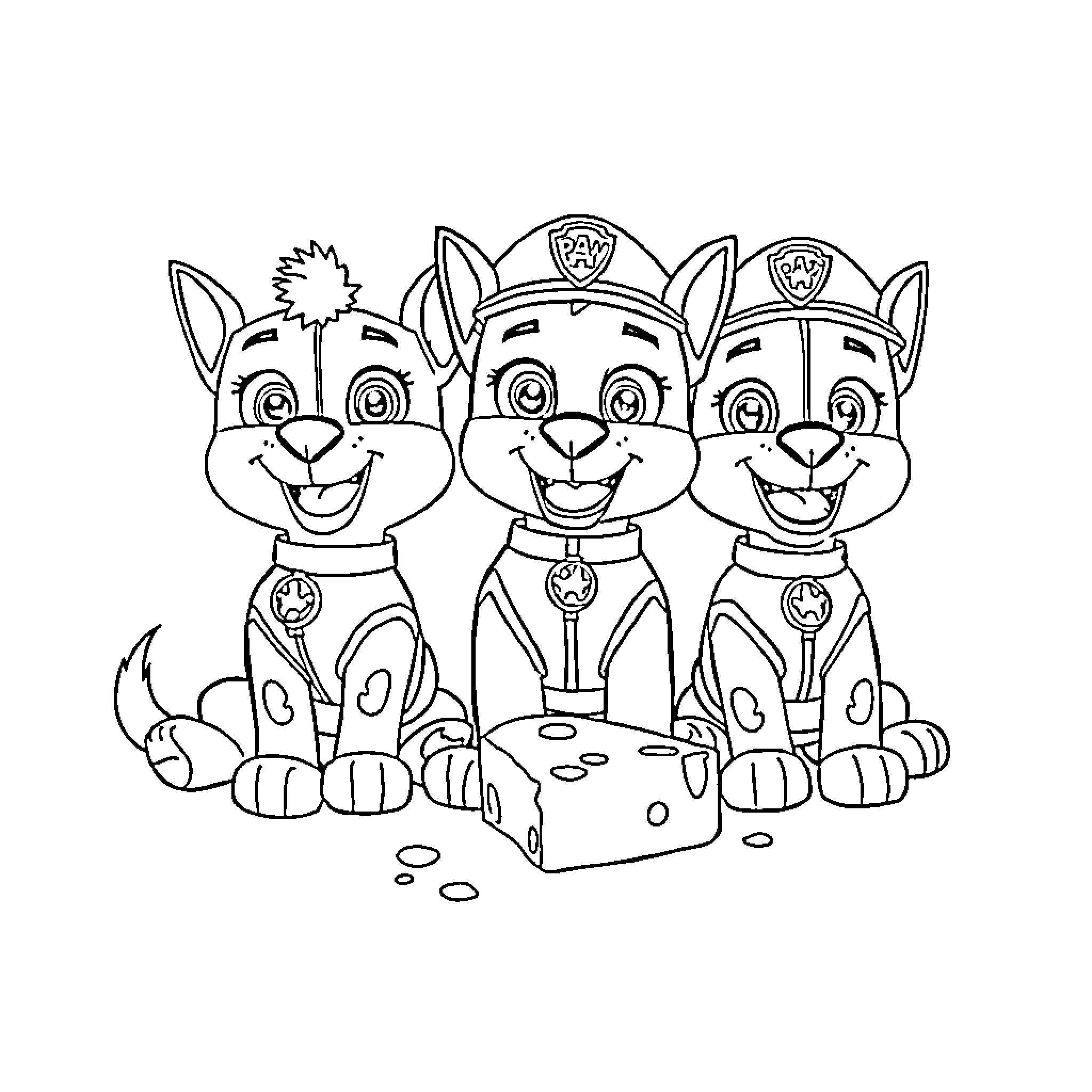 Paw Patrol Trio Explore and Discover Coloring Page (free black-and-white line drawing printable PDF for all, from beginners to advanced learners, including children, teens, adults, and seniors)