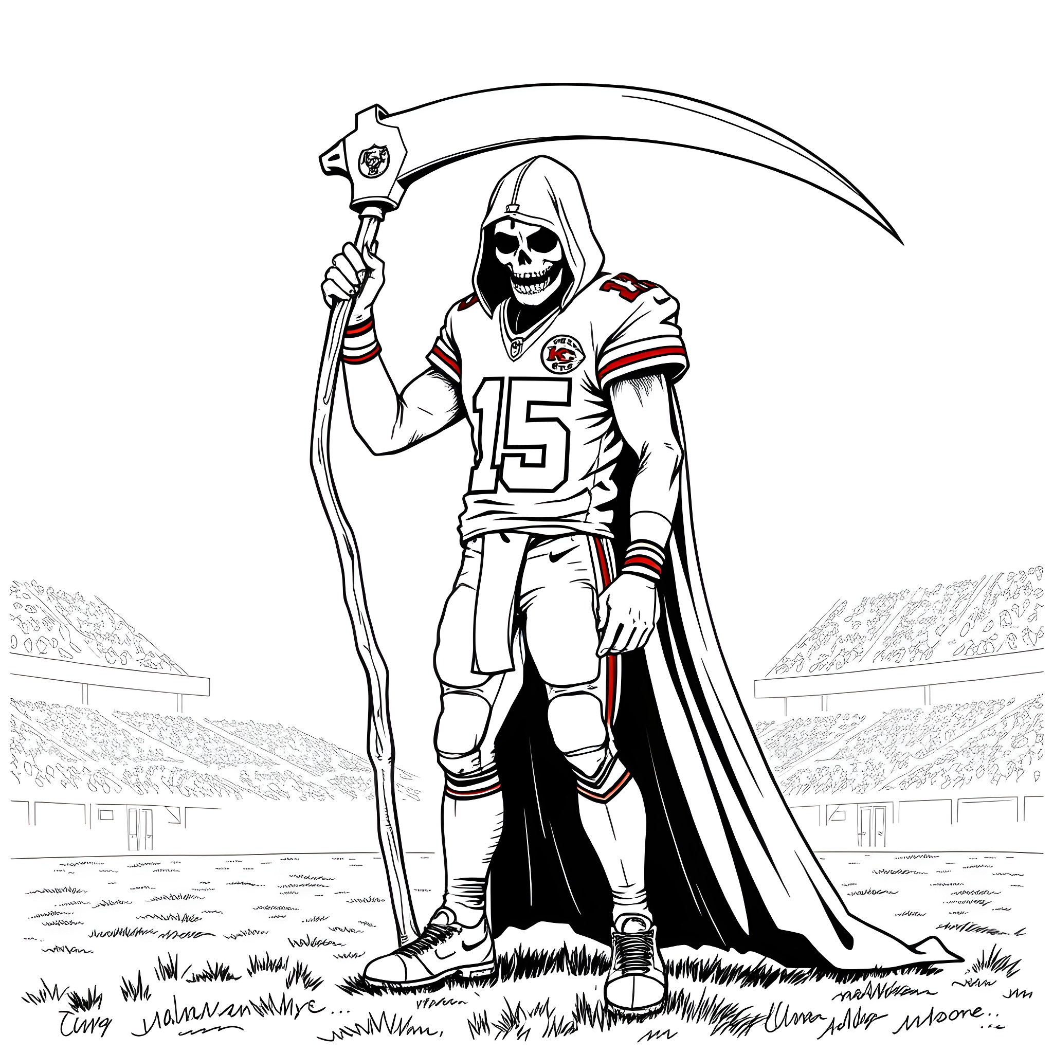 Grim Reaper Football Player Stalking the Field Coloring Page (free black-and-white line drawing printable PDF for all, from beginners to advanced learners, including children, teens, adults, and seniors)