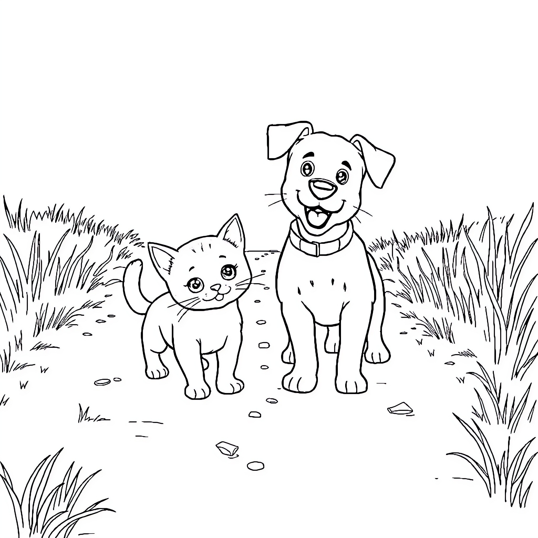 Cat and dog playing together in nature Coloring Page (free black-and-white line drawing printable PDF for all, from beginners to advanced learners, including children, teens, adults, and seniors)