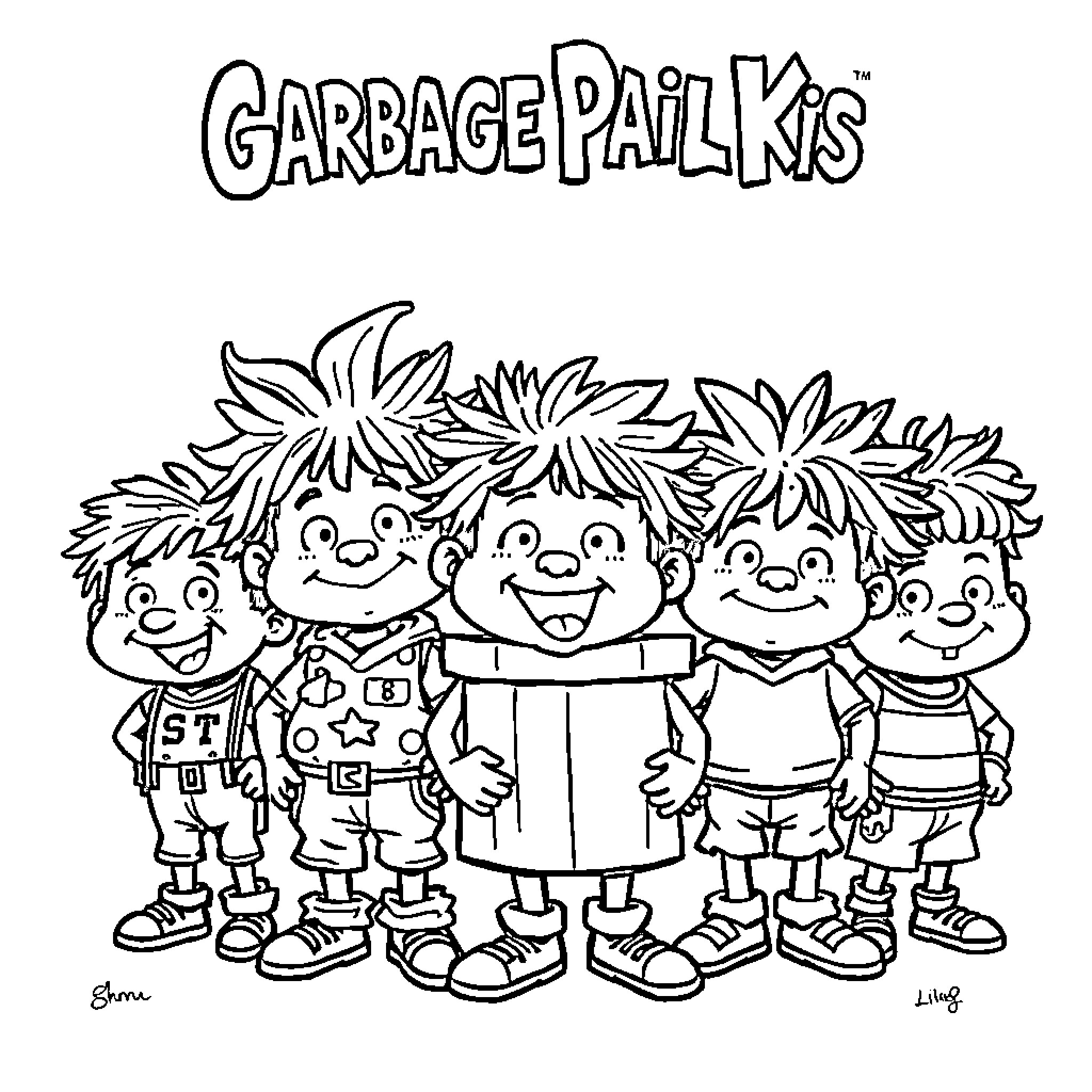 Garbage Pail Kids playing and interacting Coloring Page (free black-and-white line drawing printable PDF for all, from beginners to advanced learners, including children, teens, adults, and seniors)
