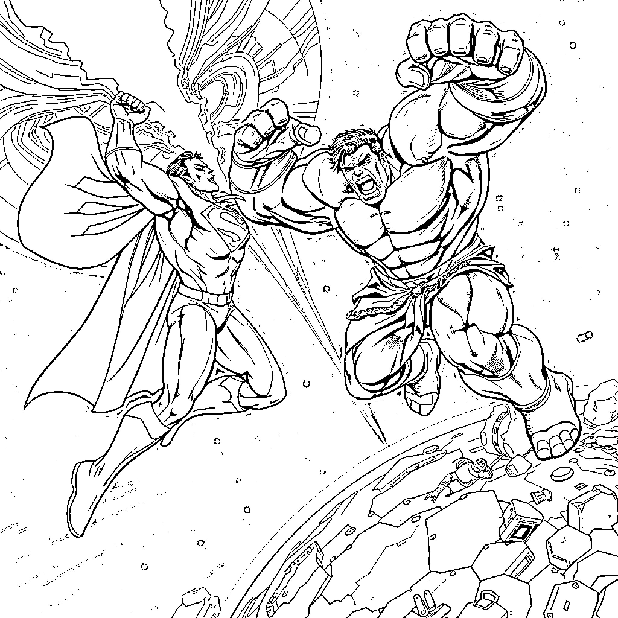Superman battling a powerful enemy in an intense confrontation Coloring Page (free black-and-white line drawing printable PDF for all, from beginners to advanced learners, including children, teens, adults, and seniors)