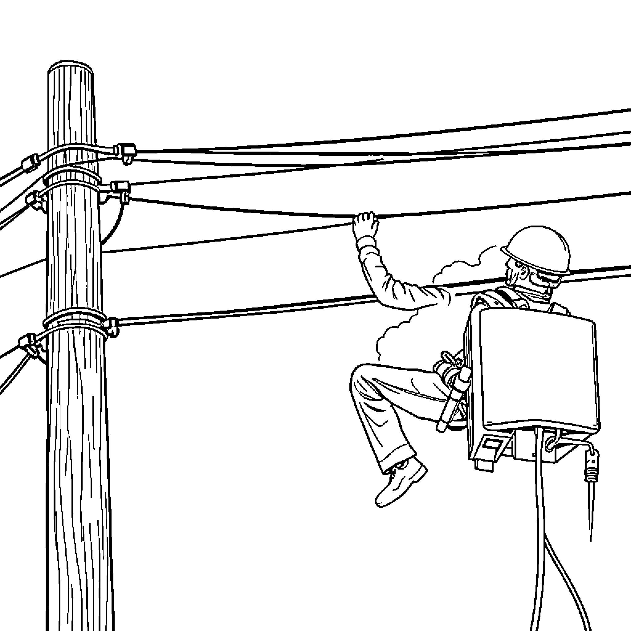 Lineman working on electrical wires and equipment Coloring Page (free black-and-white line drawing printable PDF for all, from beginners to advanced learners, including children, teens, adults, and seniors)