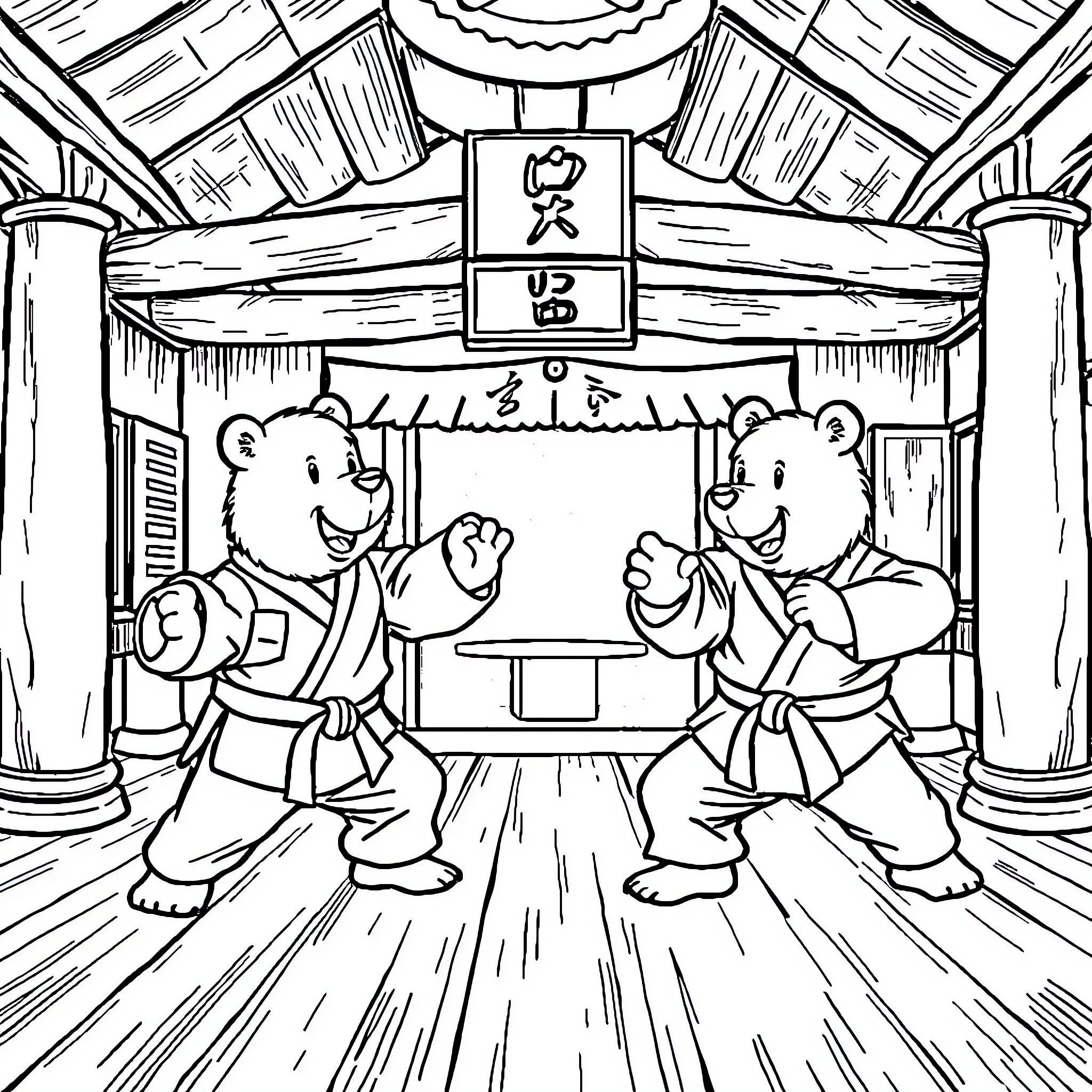 Berenstain Bears Practicing Martial Arts in Dojo Coloring Page (free black-and-white line drawing printable PDF for all, from beginners to advanced learners, including children, teens, adults, and seniors)
