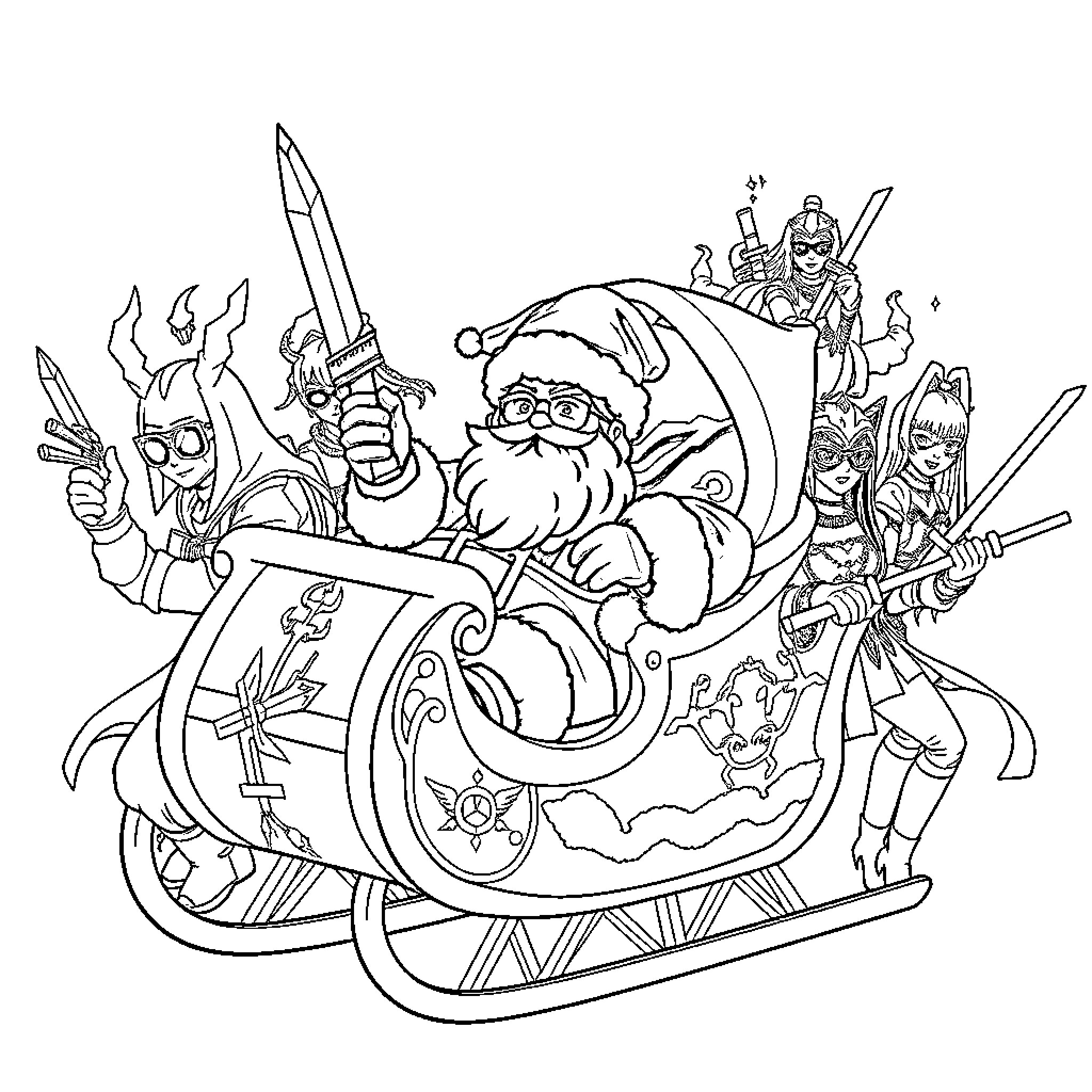 Santa's Fantastic Holiday Adventure Coloring Page (free black-and-white line drawing printable PDF for all, from beginners to advanced learners, including children, teens, adults, and seniors)