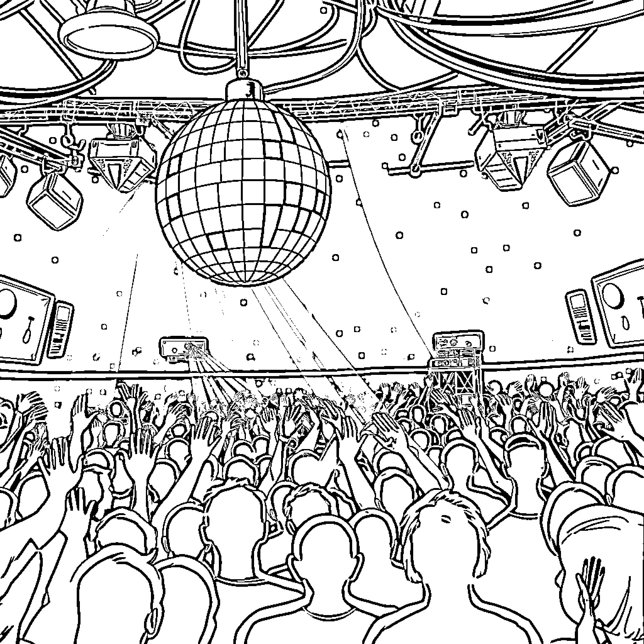 Disco Ball Energizes the Crowd on the Dance Floor Coloring Page (free black-and-white line drawing printable PDF for all, from beginners to advanced learners, including children, teens, adults, and seniors)
