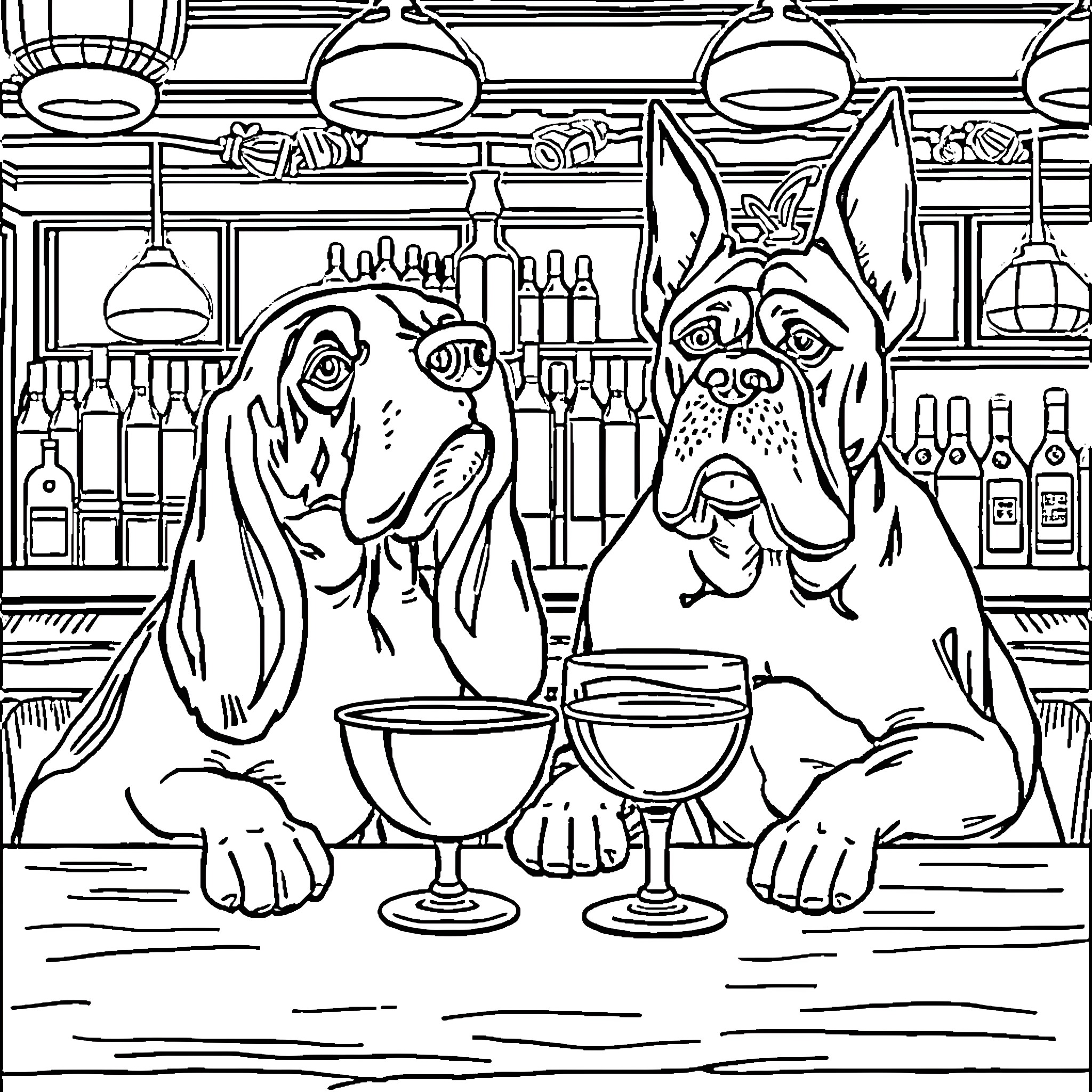 Dogs enjoying drinks at the bar Coloring Page (free black-and-white line drawing printable PDF for all, from beginners to advanced learners, including children, teens, adults, and seniors)