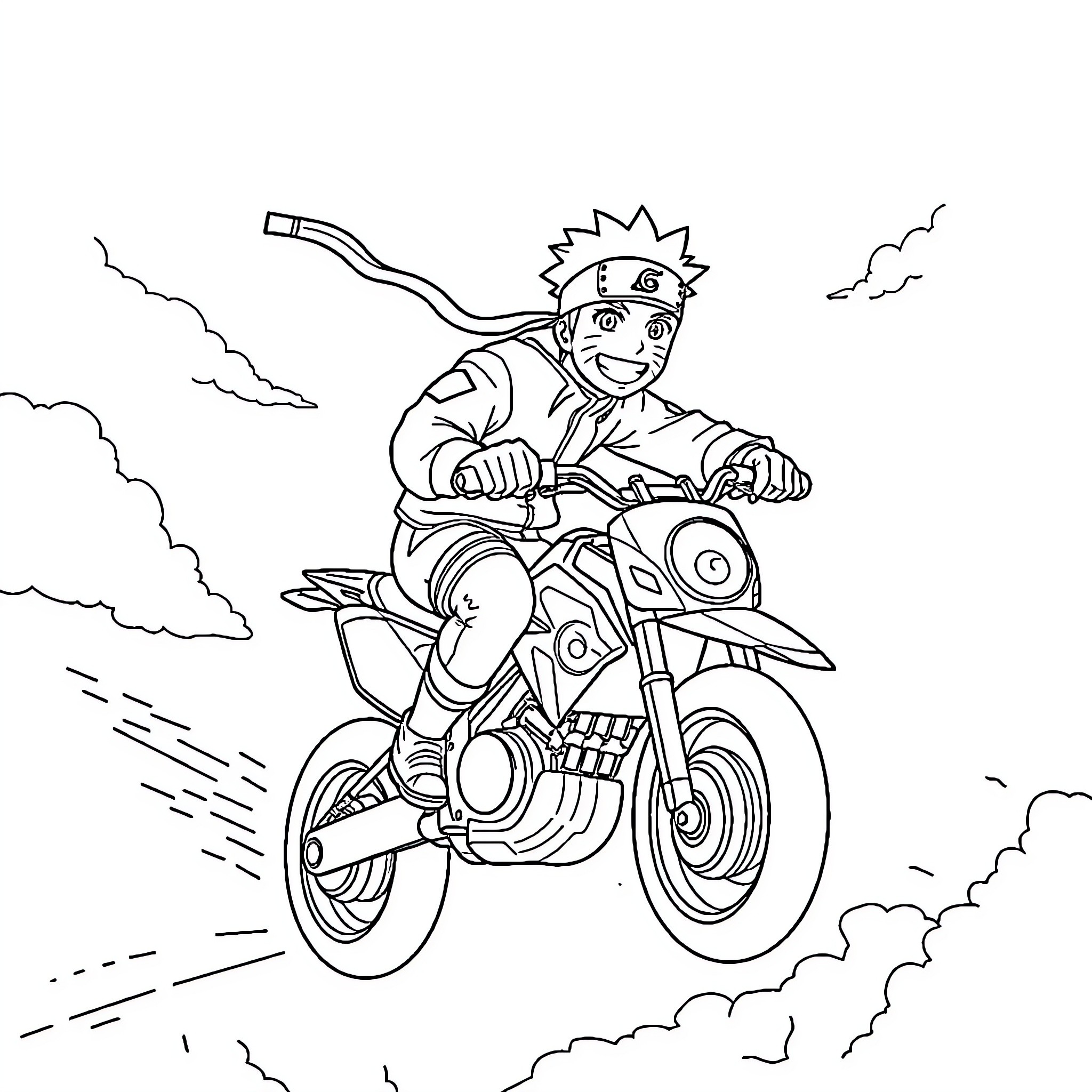 Naruto riding a speeding motorcycle through the clouds Coloring Page (free black-and-white line drawing printable PDF for all, from beginners to advanced learners, including children, teens, adults, and seniors)