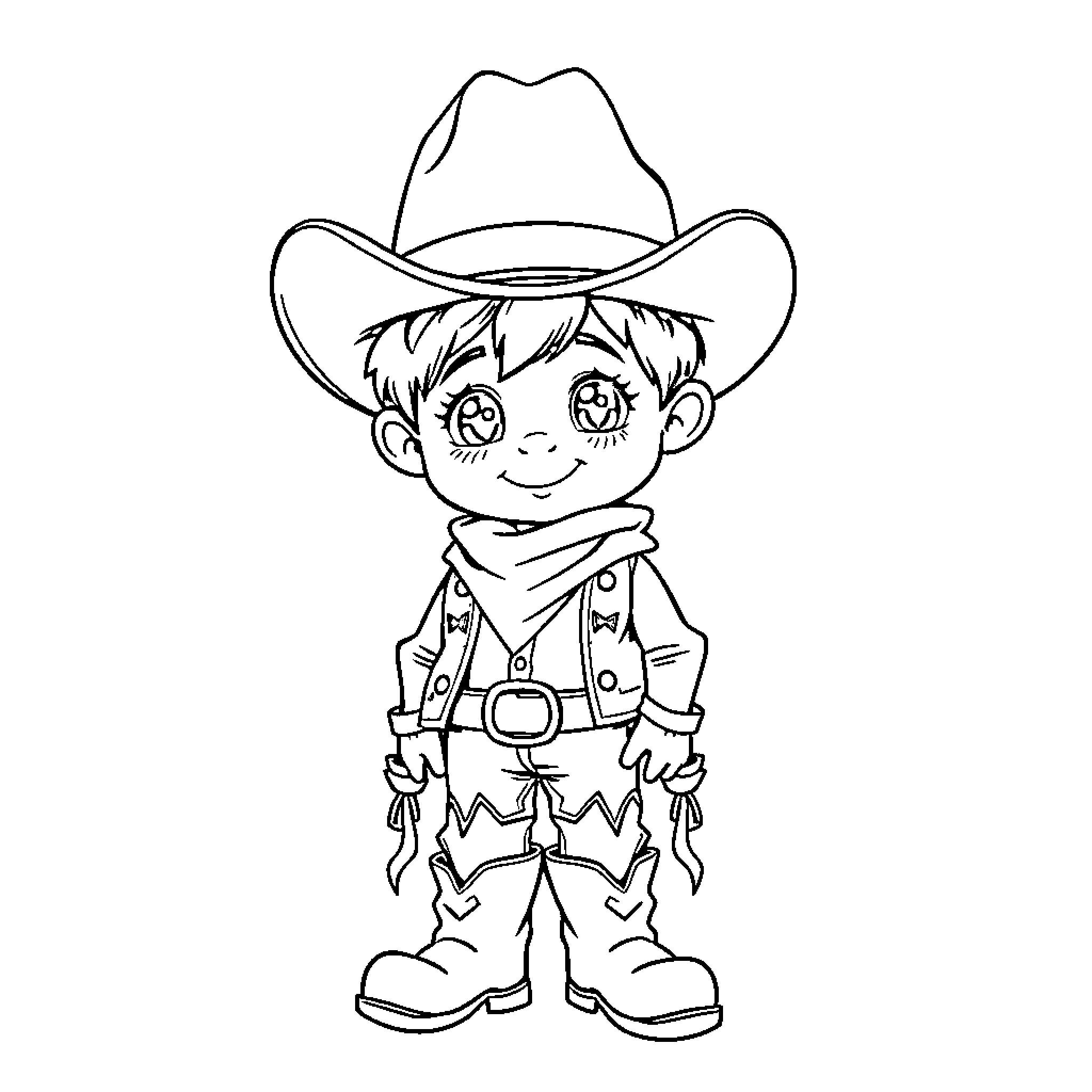 Boy in cowboy outfit with cheerful expression Coloring Page (free black-and-white line drawing printable PDF for all, from beginners to advanced learners, including children, teens, adults, and seniors)