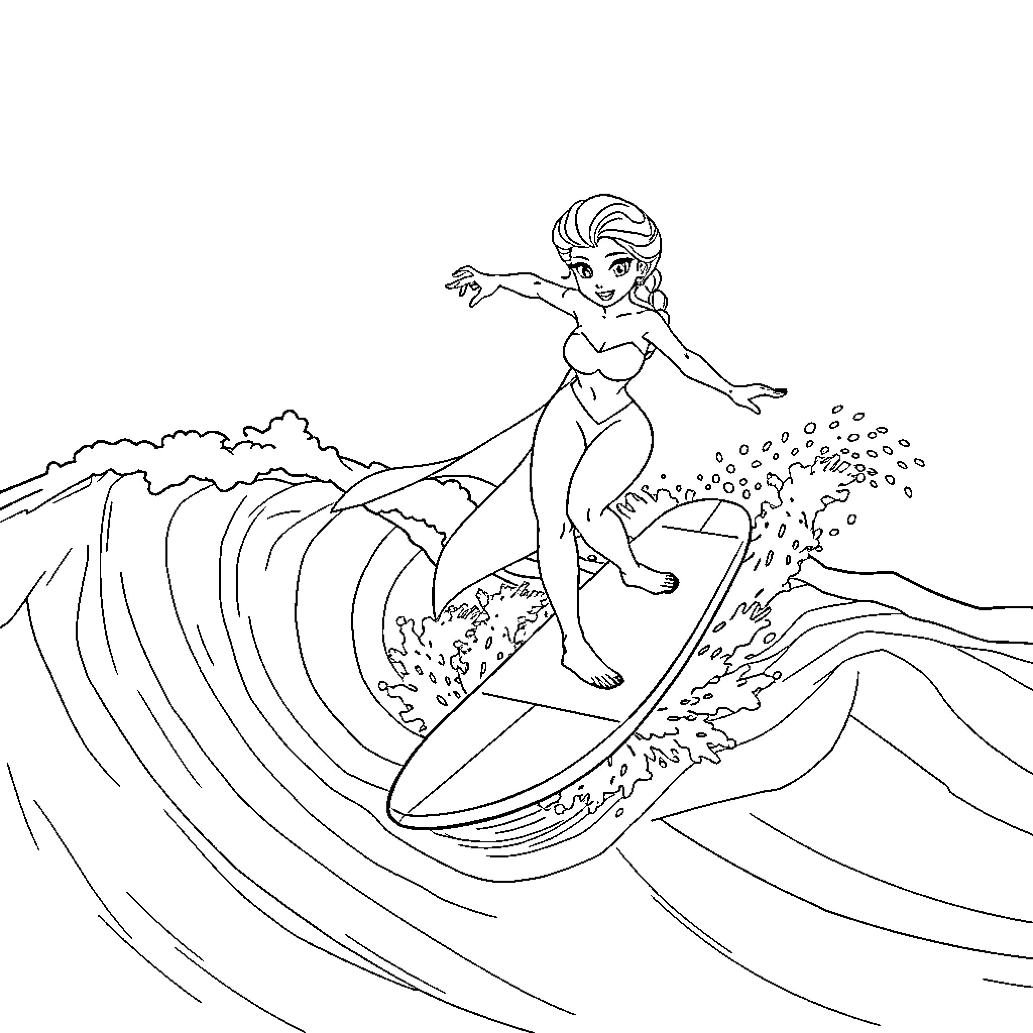 Elsa Surfing the Waves with Enthusiasm Coloring Page (free black-and-white line drawing printable PDF for all, from beginners to advanced learners, including children, teens, adults, and seniors)