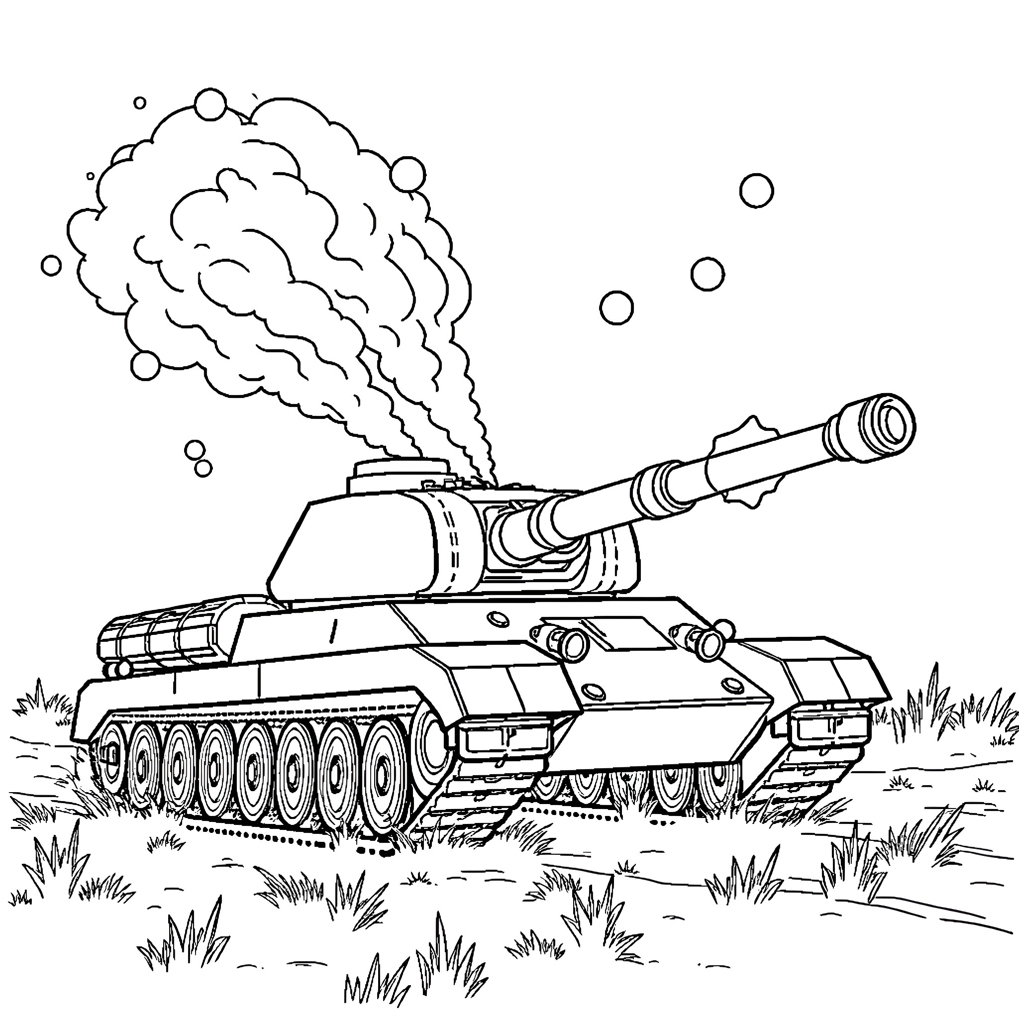 Rifle Tank firing in the field Coloring Page (free black-and-white line drawing printable PDF for all, from beginners to advanced learners, including children, teens, adults, and seniors)