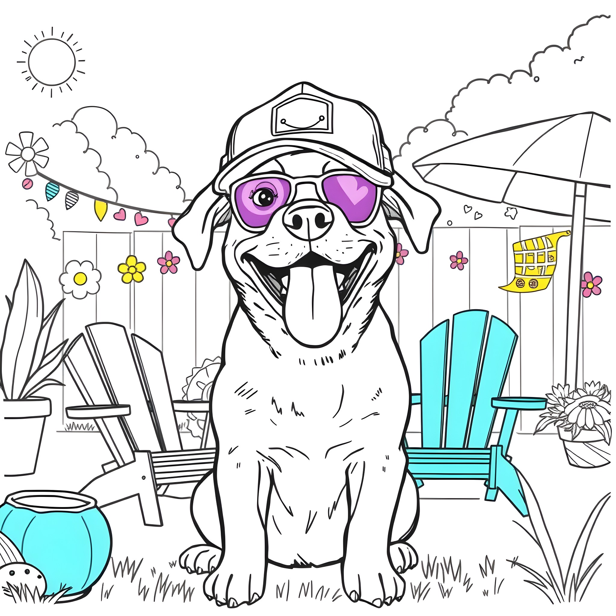 Dog enjoying a summer day in the backyard Coloring Page (free black-and-white line drawing printable PDF for all, from beginners to advanced learners, including children, teens, adults, and seniors)