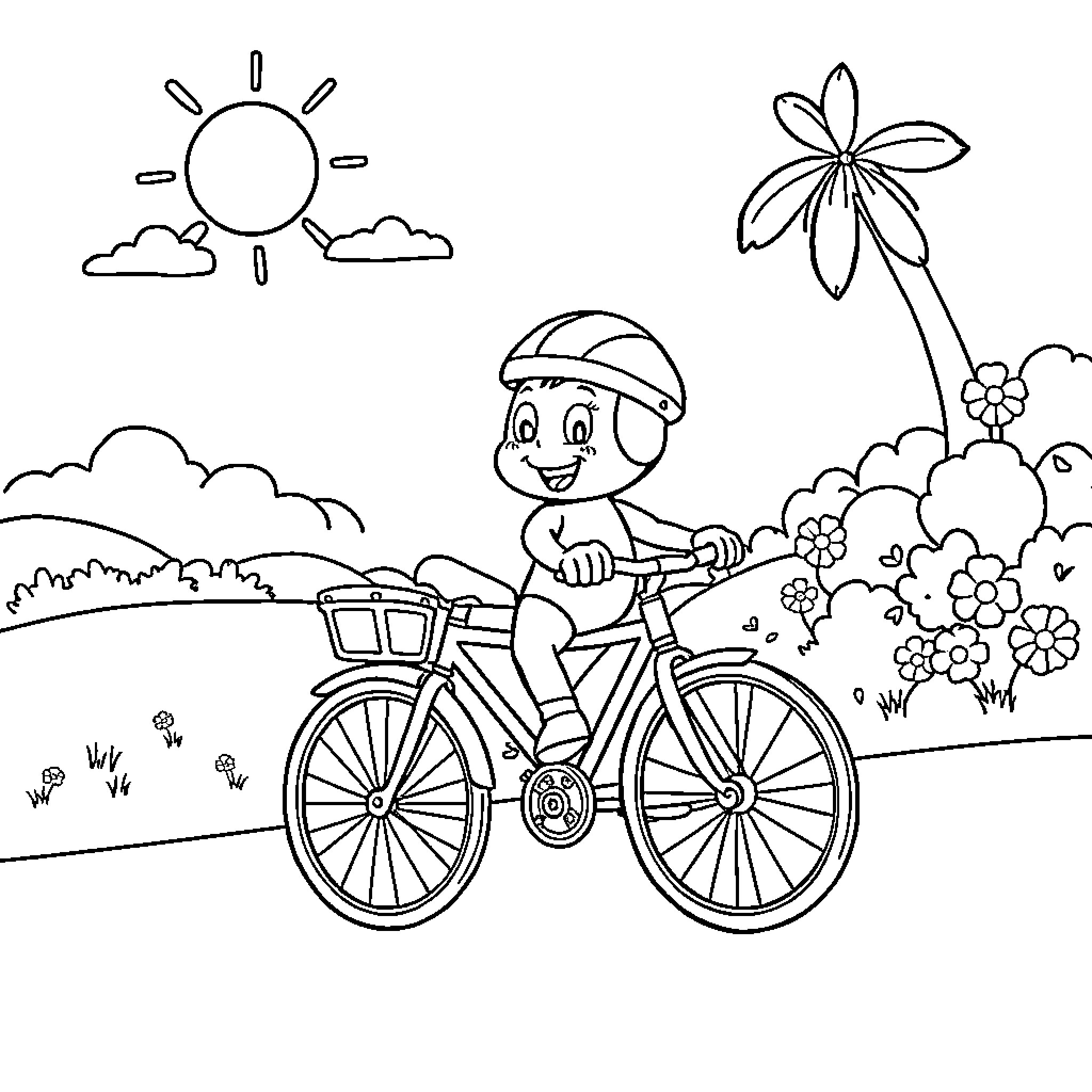 Labubu rides a bicycle in a sunny meadow Coloring Page (free black-and-white line drawing printable PDF for all, from beginners to advanced learners, including children, teens, adults, and seniors)