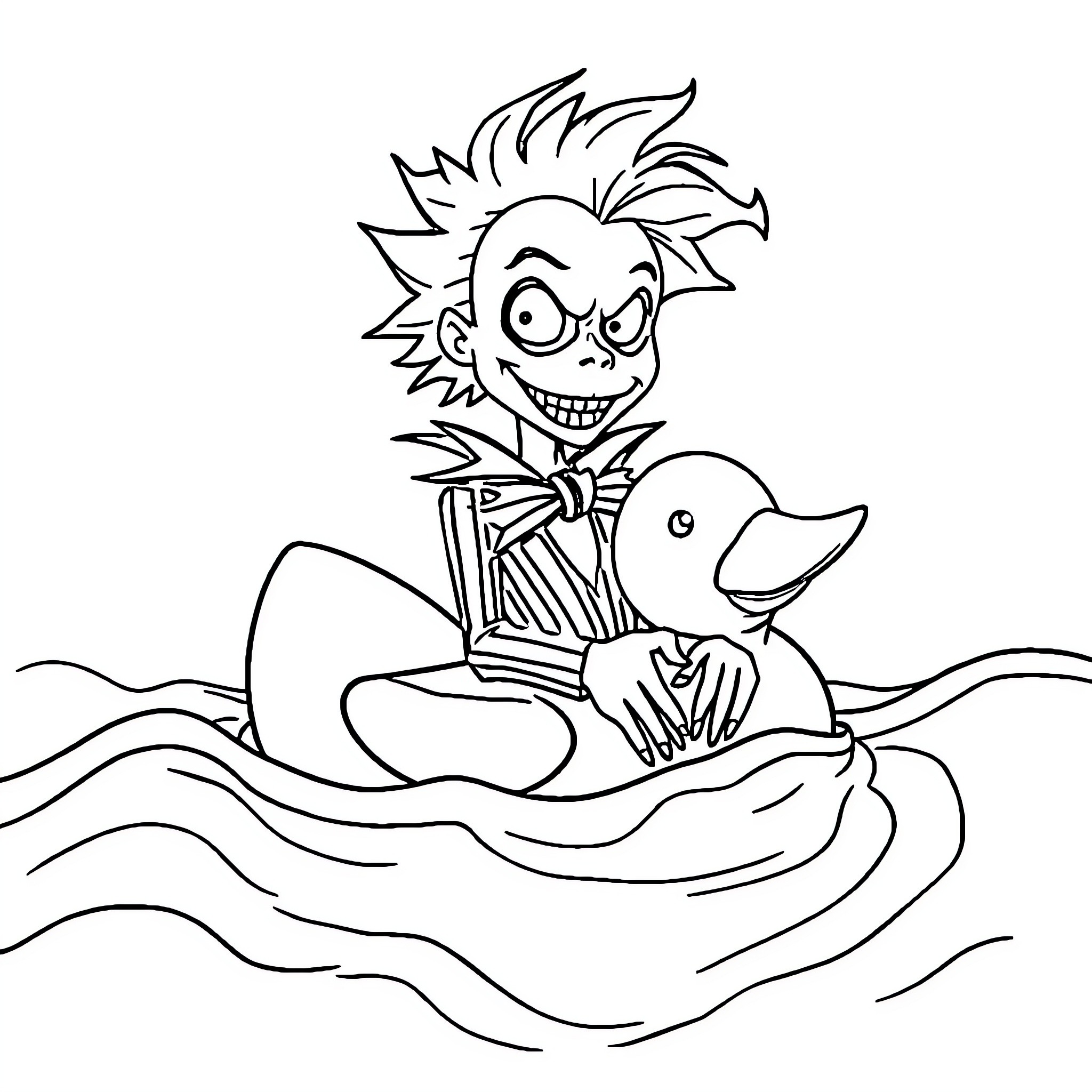 Beetlejuice's Playful Antics with Duck Toy Coloring Page (free black-and-white line drawing printable PDF for all, from beginners to advanced learners, including children, teens, adults, and seniors)
