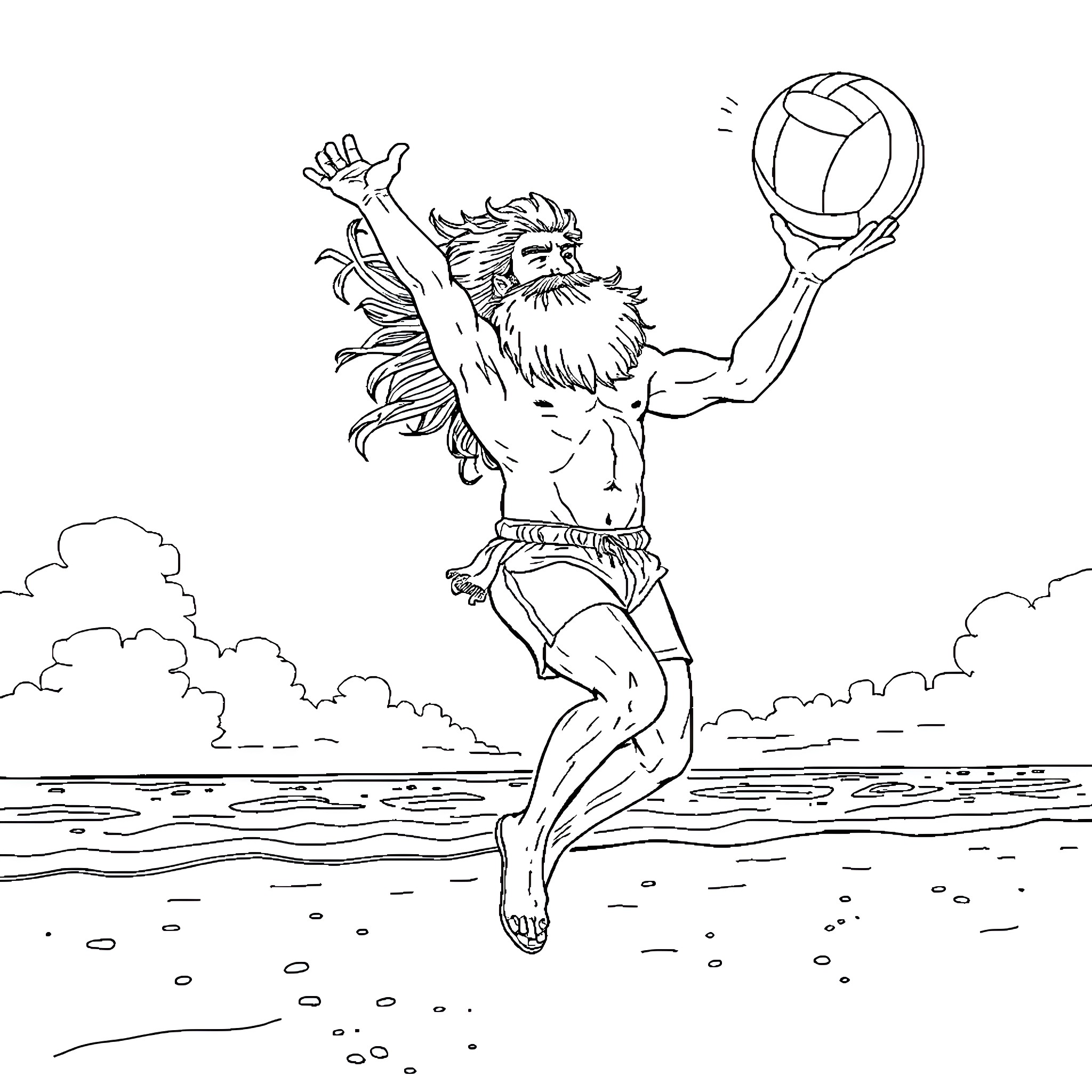Man playing with beach volleyball in the water Coloring Page (free black-and-white line drawing printable PDF for all, from beginners to advanced learners, including children, teens, adults, and seniors)