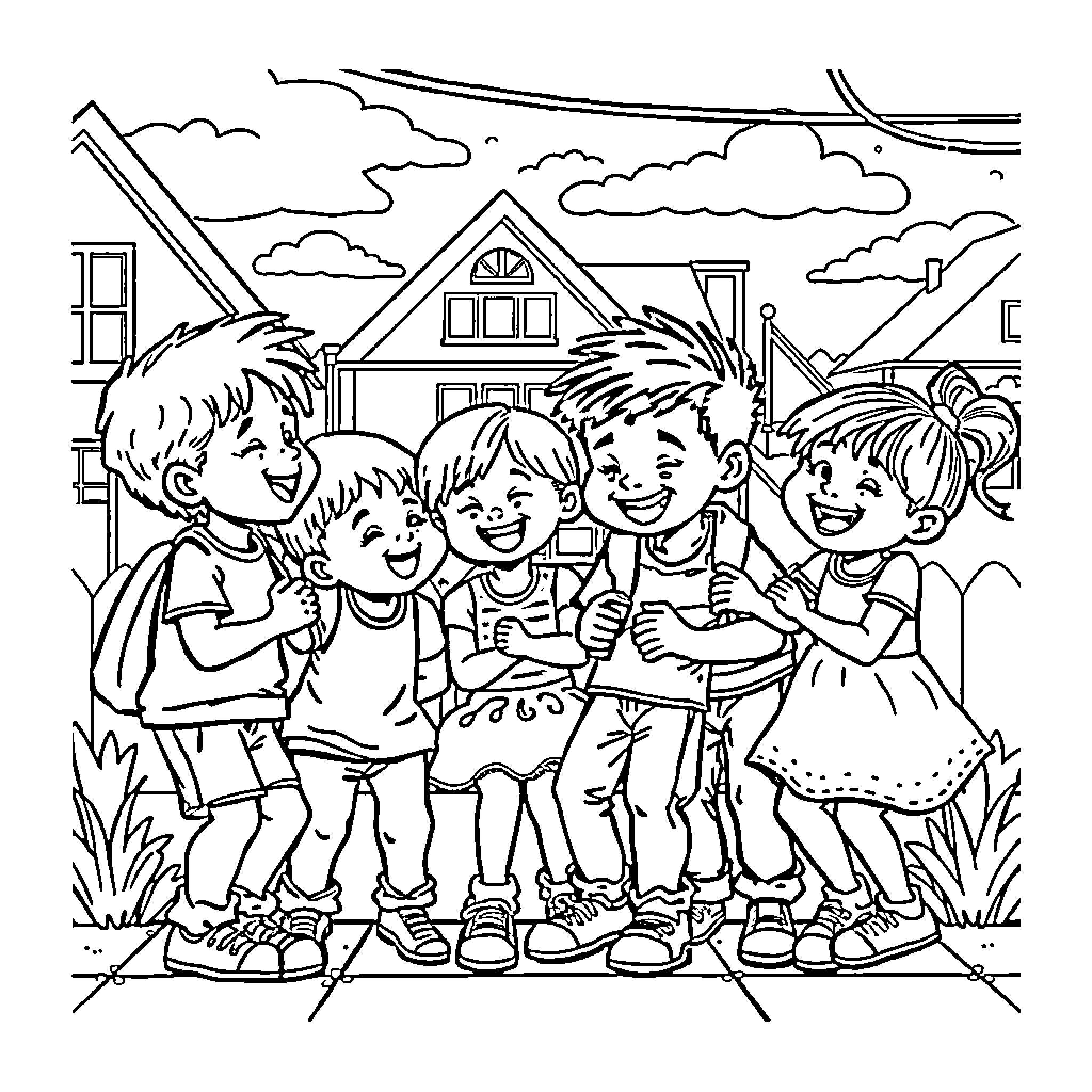 Kid Friends Playing Together Outdoors Coloring Page (free black-and-white line drawing printable PDF for all, from beginners to advanced learners, including children, teens, adults, and seniors)