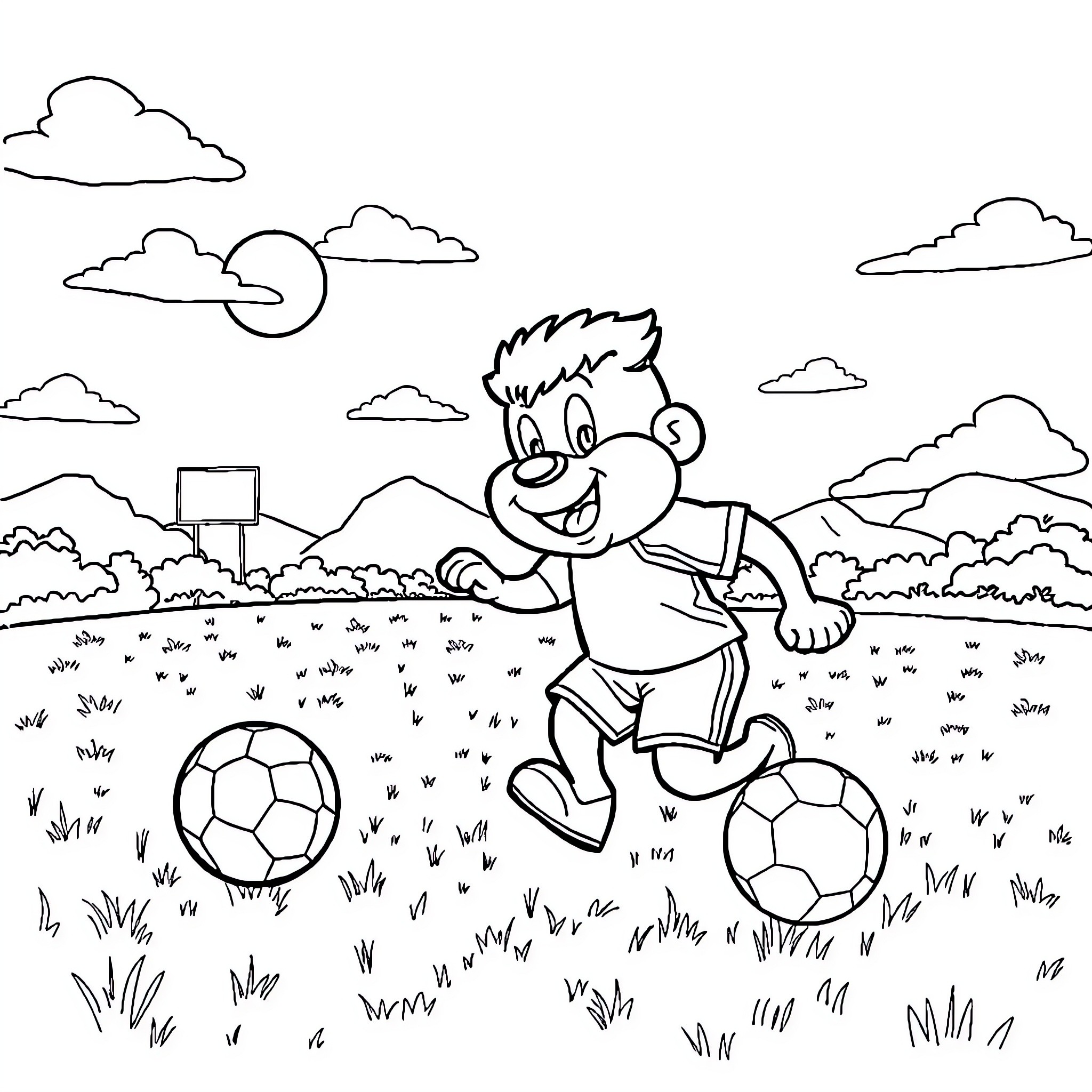 Hulk playing joyfully with soccer balls in the park Coloring Page (free black-and-white line drawing printable PDF for all, from beginners to advanced learners, including children, teens, adults, and seniors)