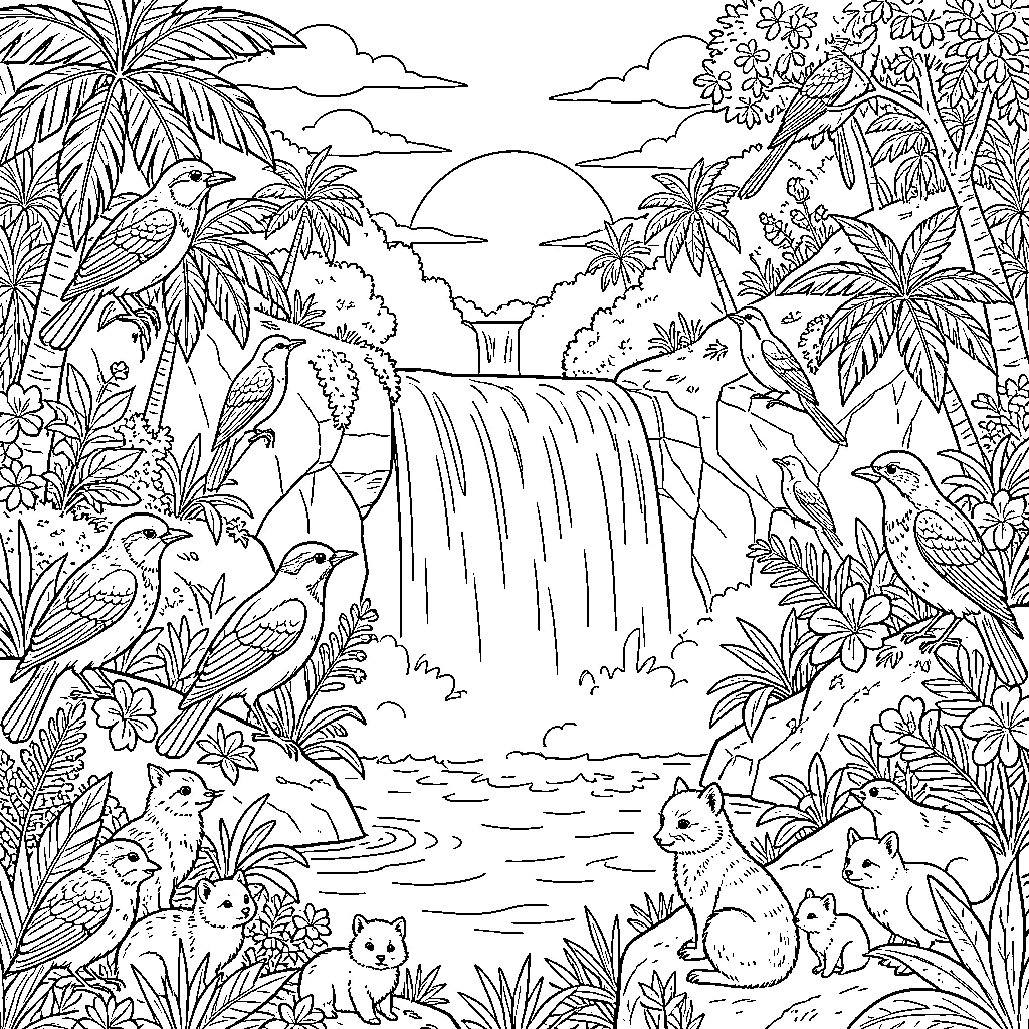 Cascada: Tropical Waterfall Scene with Wildlife Coloring Page (free black-and-white line drawing printable PDF for all, from beginners to advanced learners, including children, teens, adults, and seniors)