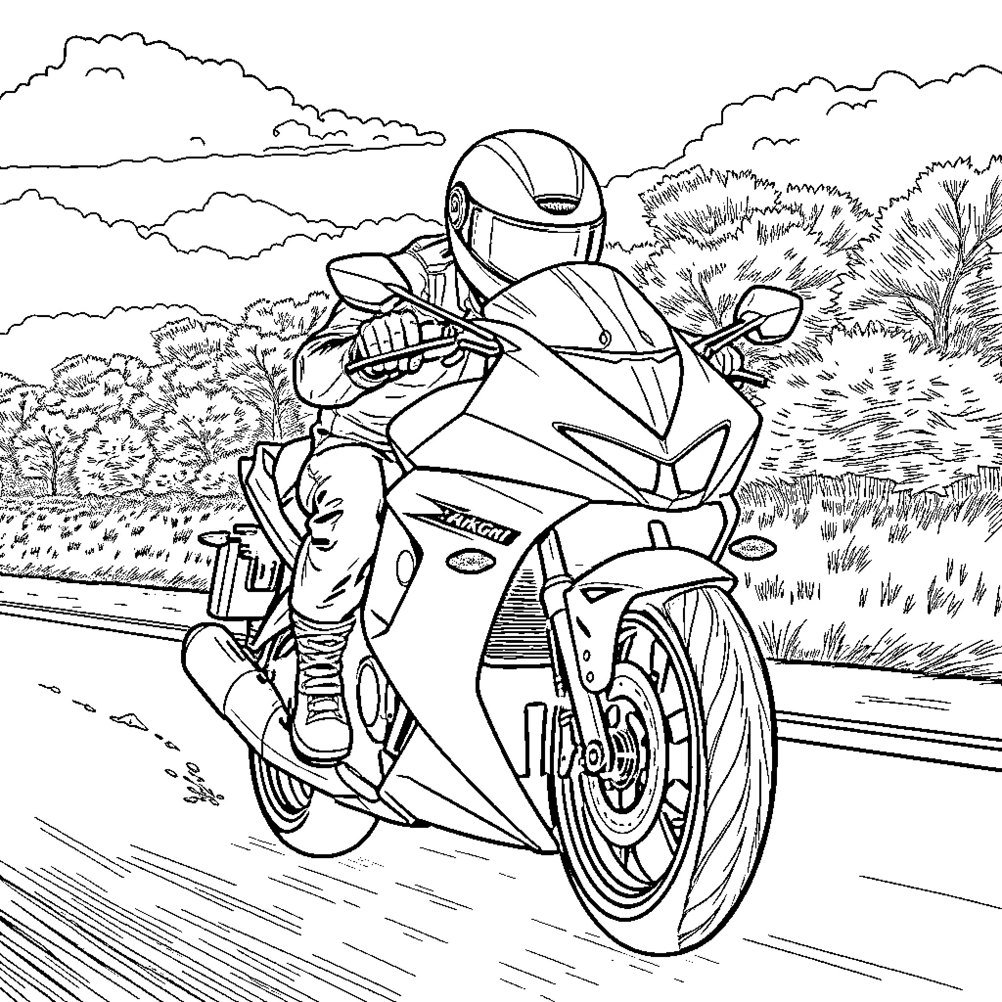 Sakamoto riding a high-speed motorcycle through the countryside Coloring Page (free black-and-white line drawing printable PDF for all, from beginners to advanced learners, including children, teens, adults, and seniors)