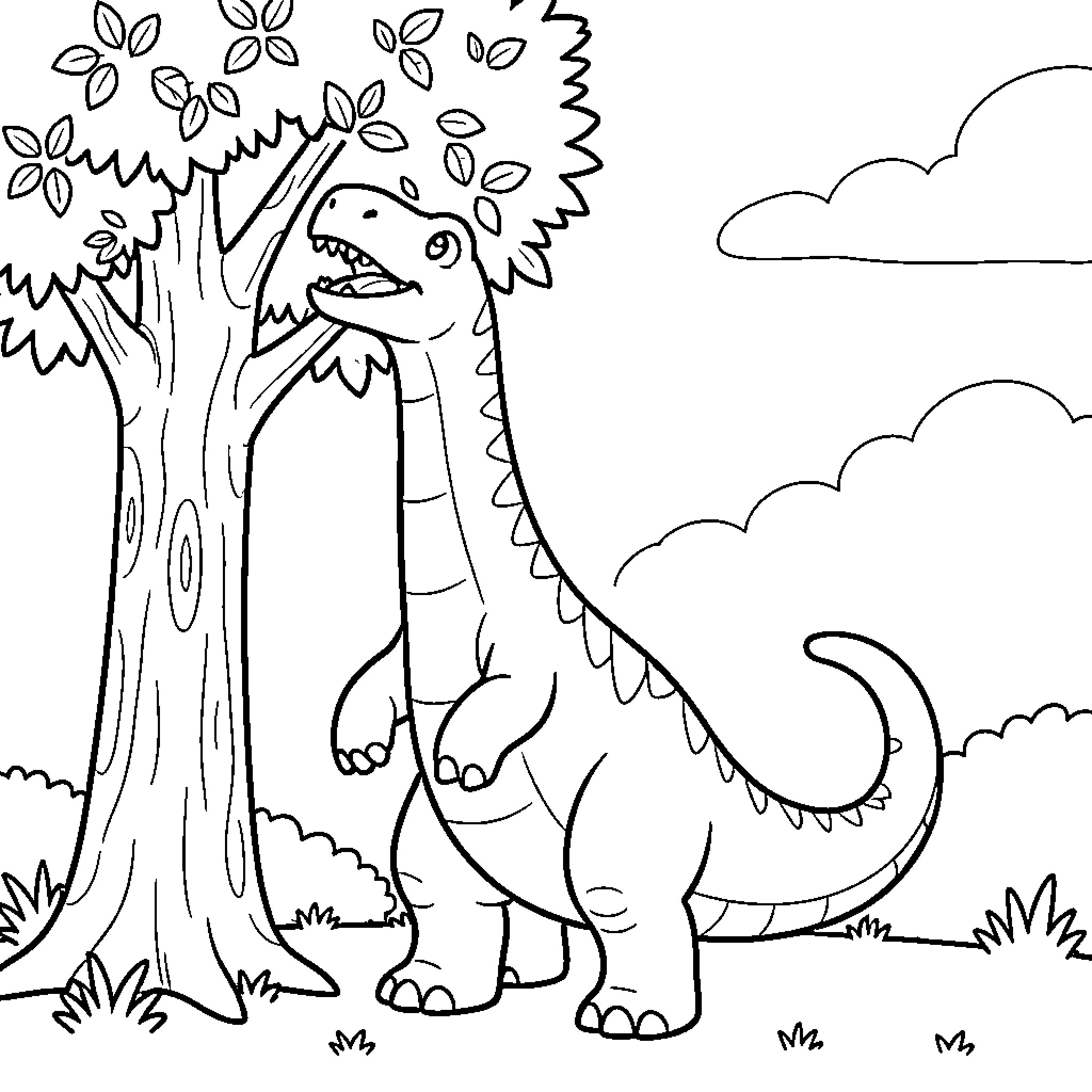 Brontosaurus eating leaves from a tall tree Coloring Page (free black-and-white line drawing printable PDF for all, from beginners to advanced learners, including children, teens, adults, and seniors)