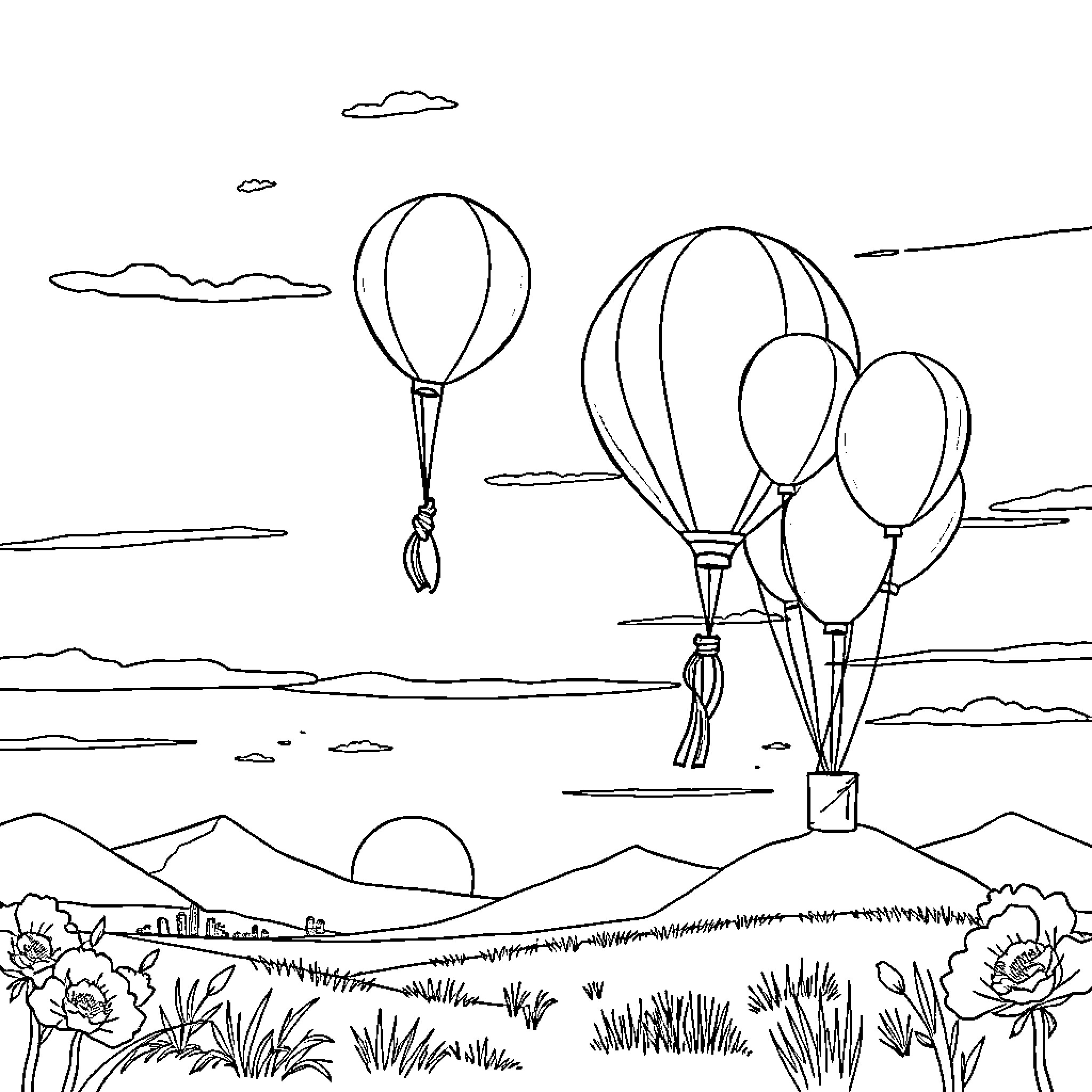 Balloon Festival Soaring Over Countryside Coloring Page (free black-and-white line drawing printable PDF for all, from beginners to advanced learners, including children, teens, adults, and seniors)