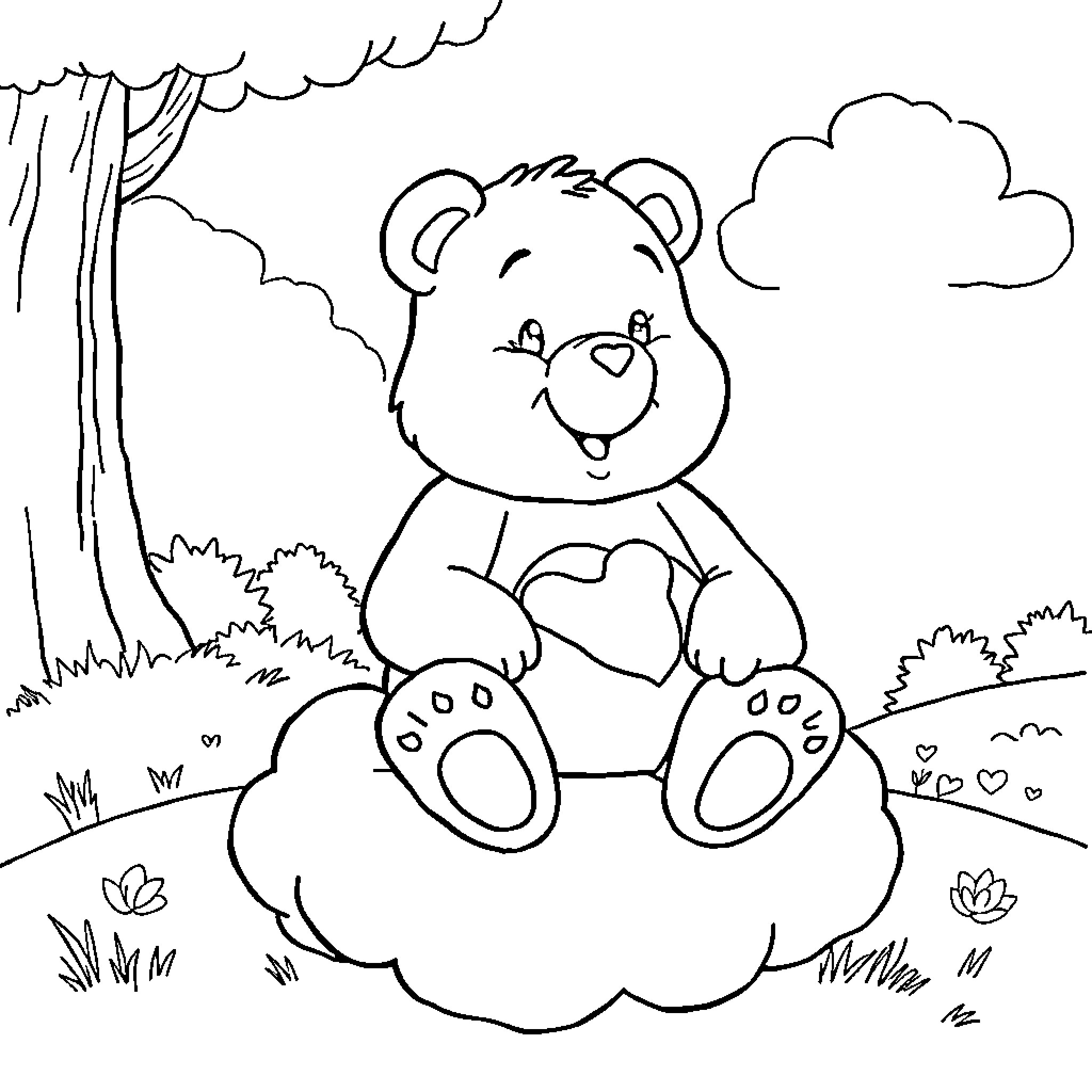 Care Bear sitting on a cloud in the forest Coloring Page (free black-and-white line drawing printable PDF for all, from beginners to advanced learners, including children, teens, adults, and seniors)