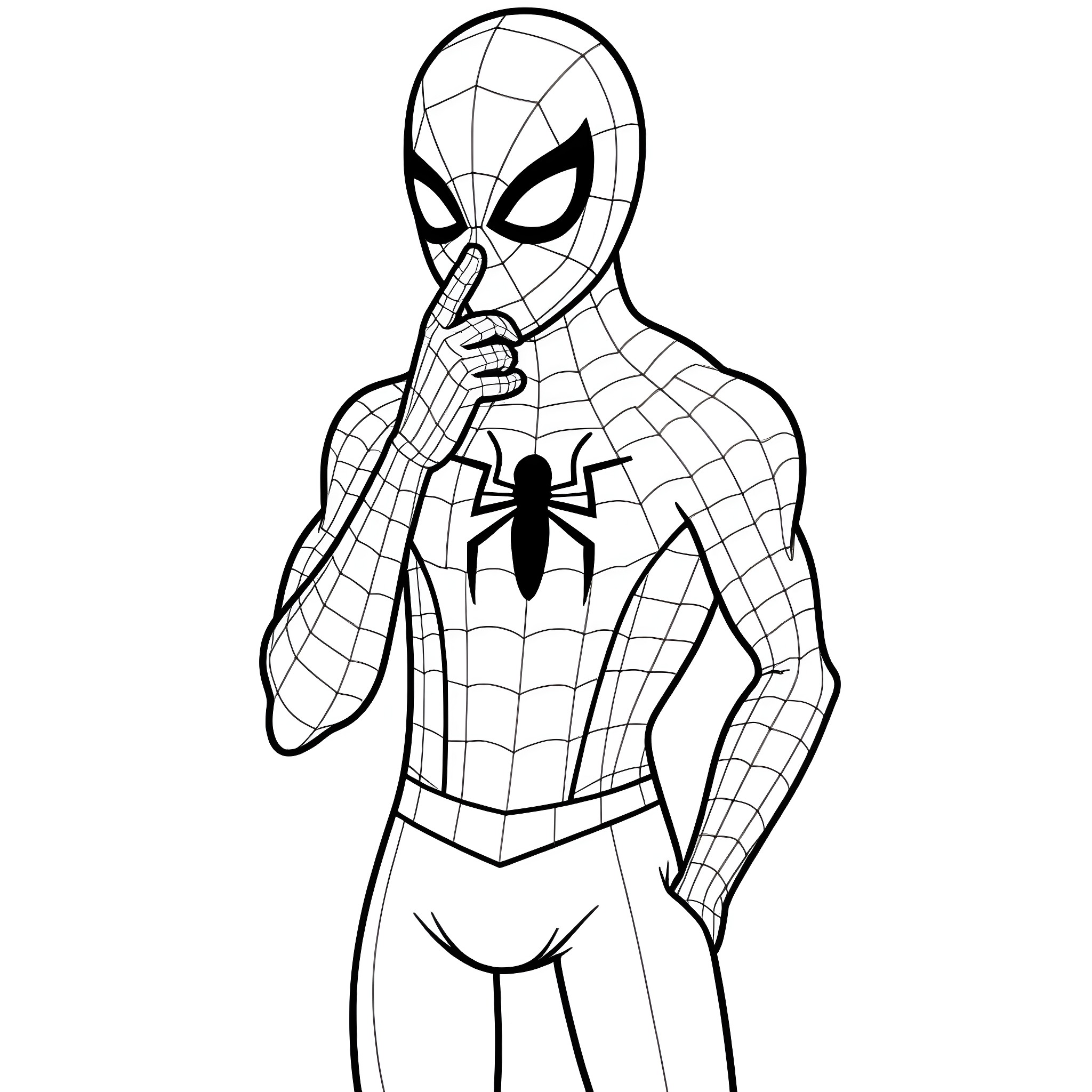 Spiderman silently surveying the scene Coloring Page (free black-and-white line drawing printable PDF for all, from beginners to advanced learners, including children, teens, adults, and seniors)