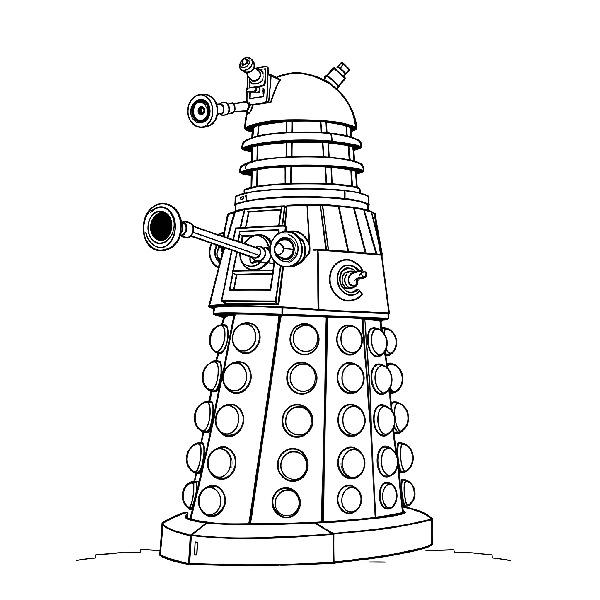 Dalek menacing with deadly appendages Coloring Page (free black-and-white line drawing printable PDF for all, from beginners to advanced learners, including children, teens, adults, and seniors)