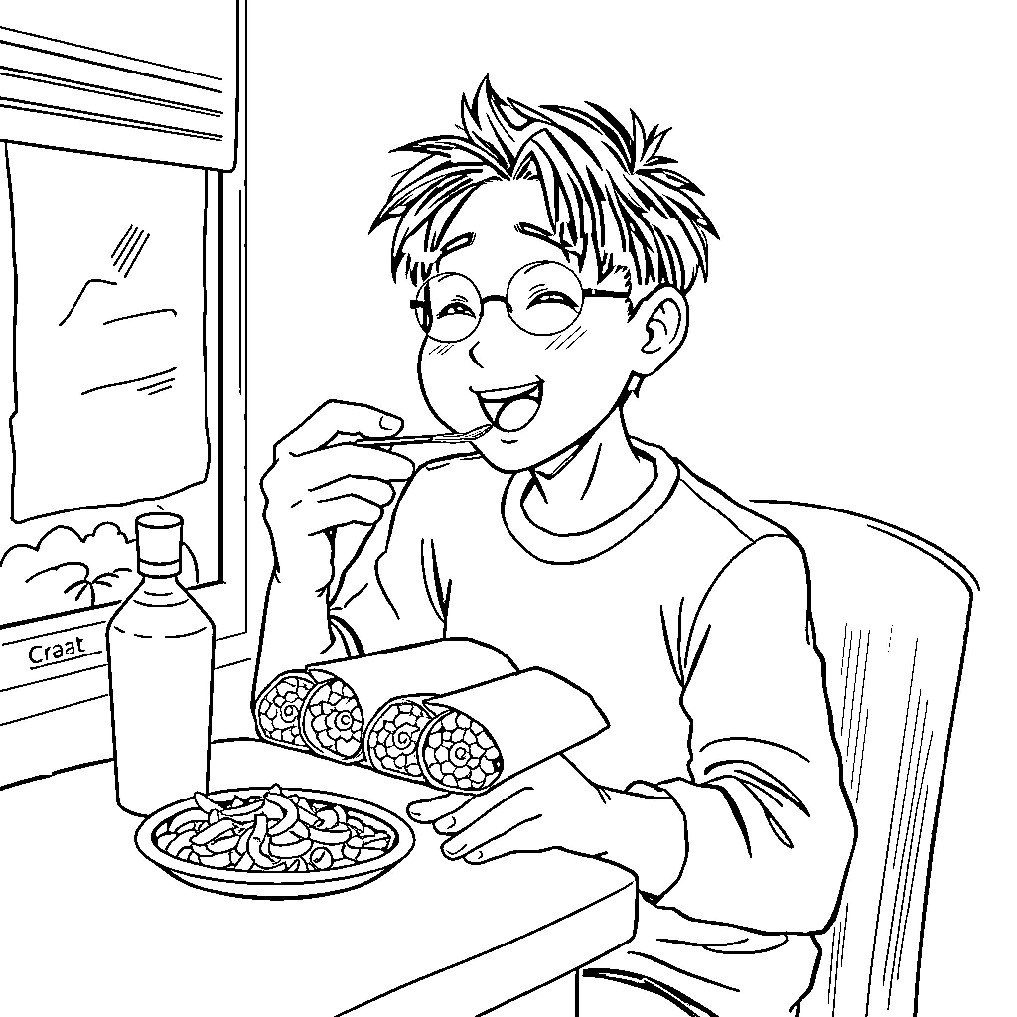 Muichiro Tokito enjoying a meal in a cozy setting Coloring Page (free black-and-white line drawing printable PDF for all, from beginners to advanced learners, including children, teens, adults, and seniors)