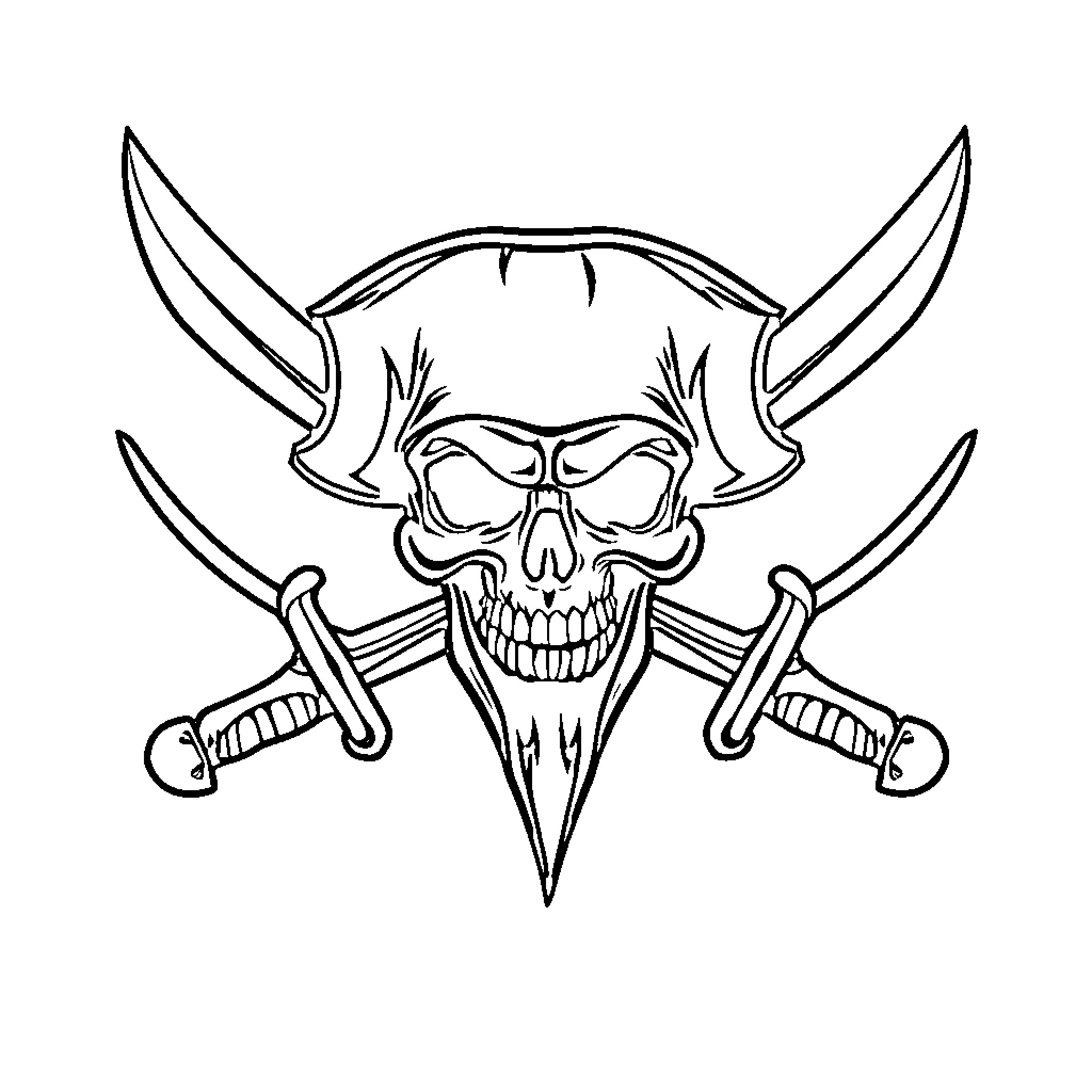 Buccaneer Skull and Crossed Swords Coloring Page (free black-and-white line drawing printable PDF for all, from beginners to advanced learners, including children, teens, adults, and seniors)