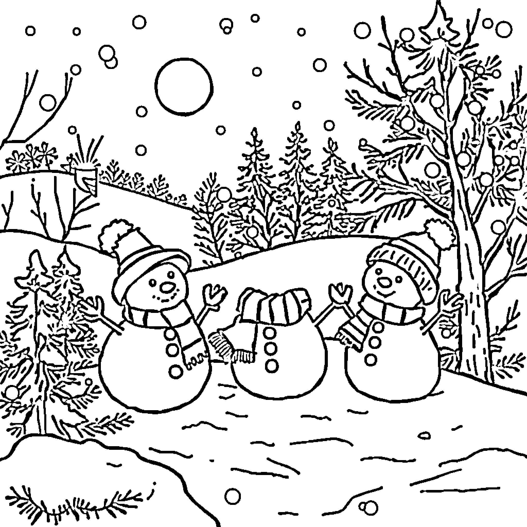 Winter Wonderland with Joyful Snowmen Coloring Page (free black-and-white line drawing printable PDF for all, from beginners to advanced learners, including children, teens, adults, and seniors)