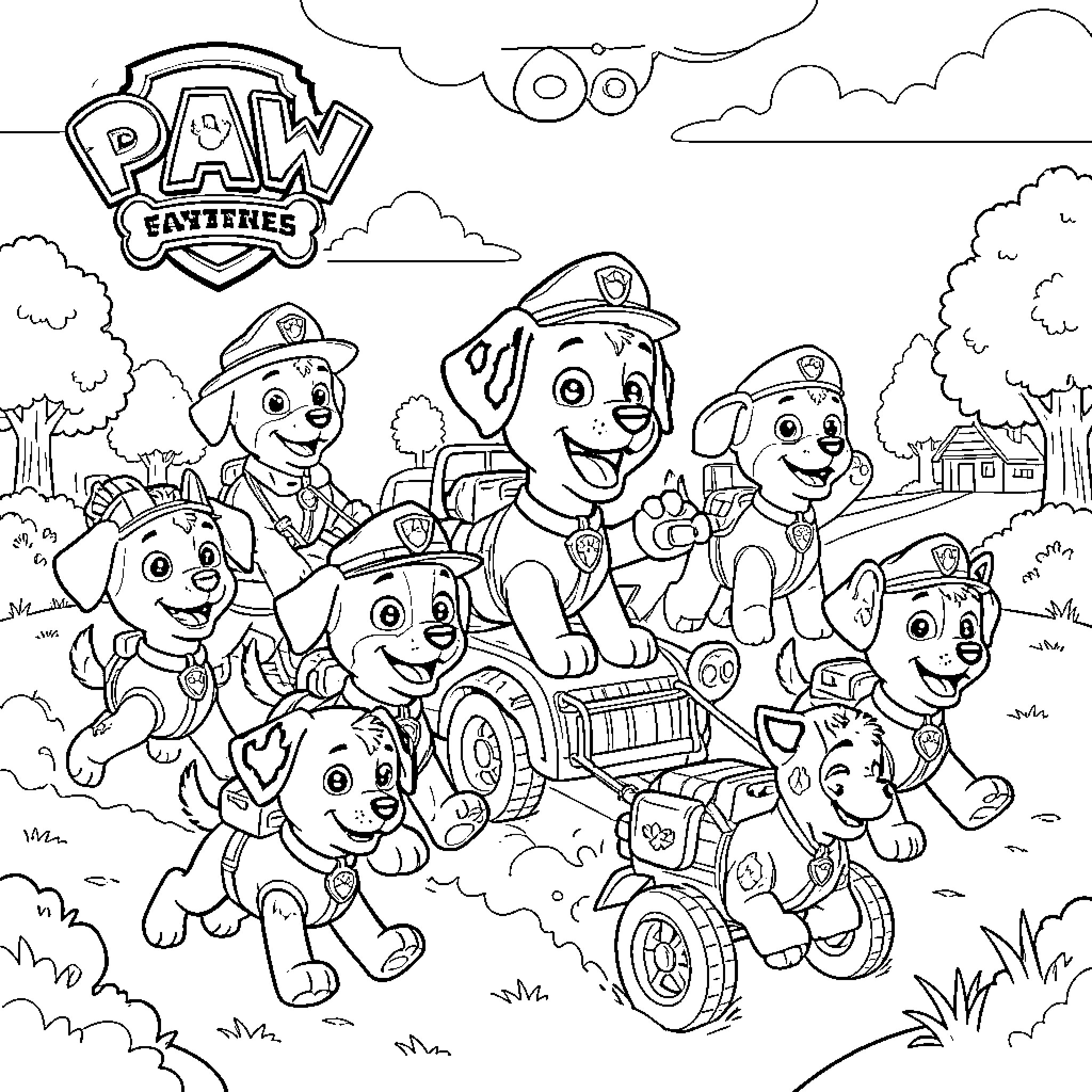 Paw Patrol pups smiling and playing together outdoors Coloring Page (free black-and-white line drawing printable PDF for all, from beginners to advanced learners, including children, teens, adults, and seniors)