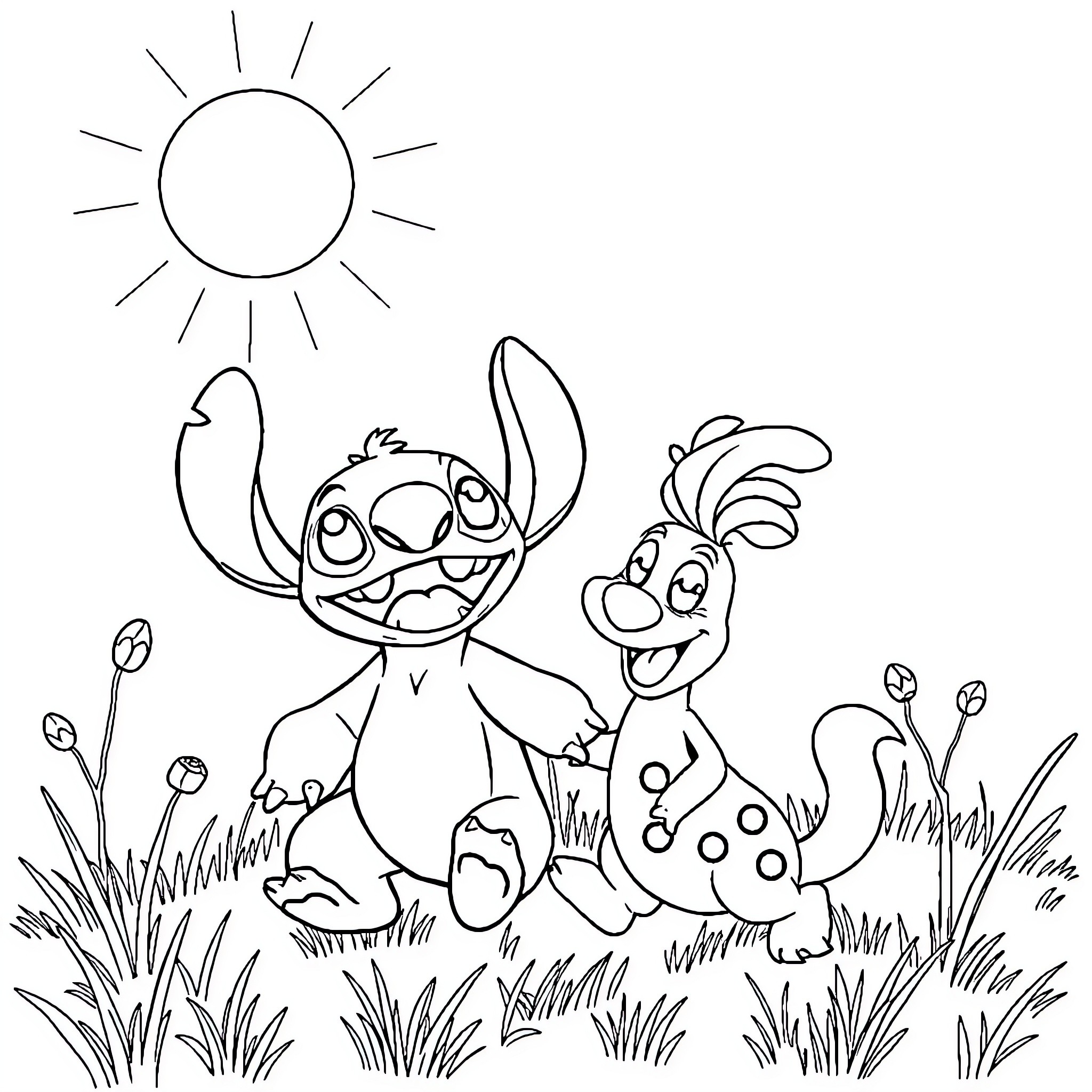 Stitch and friend relaxing in the sun Coloring Page (free black-and-white line drawing printable PDF for all, from beginners to advanced learners, including children, teens, adults, and seniors)