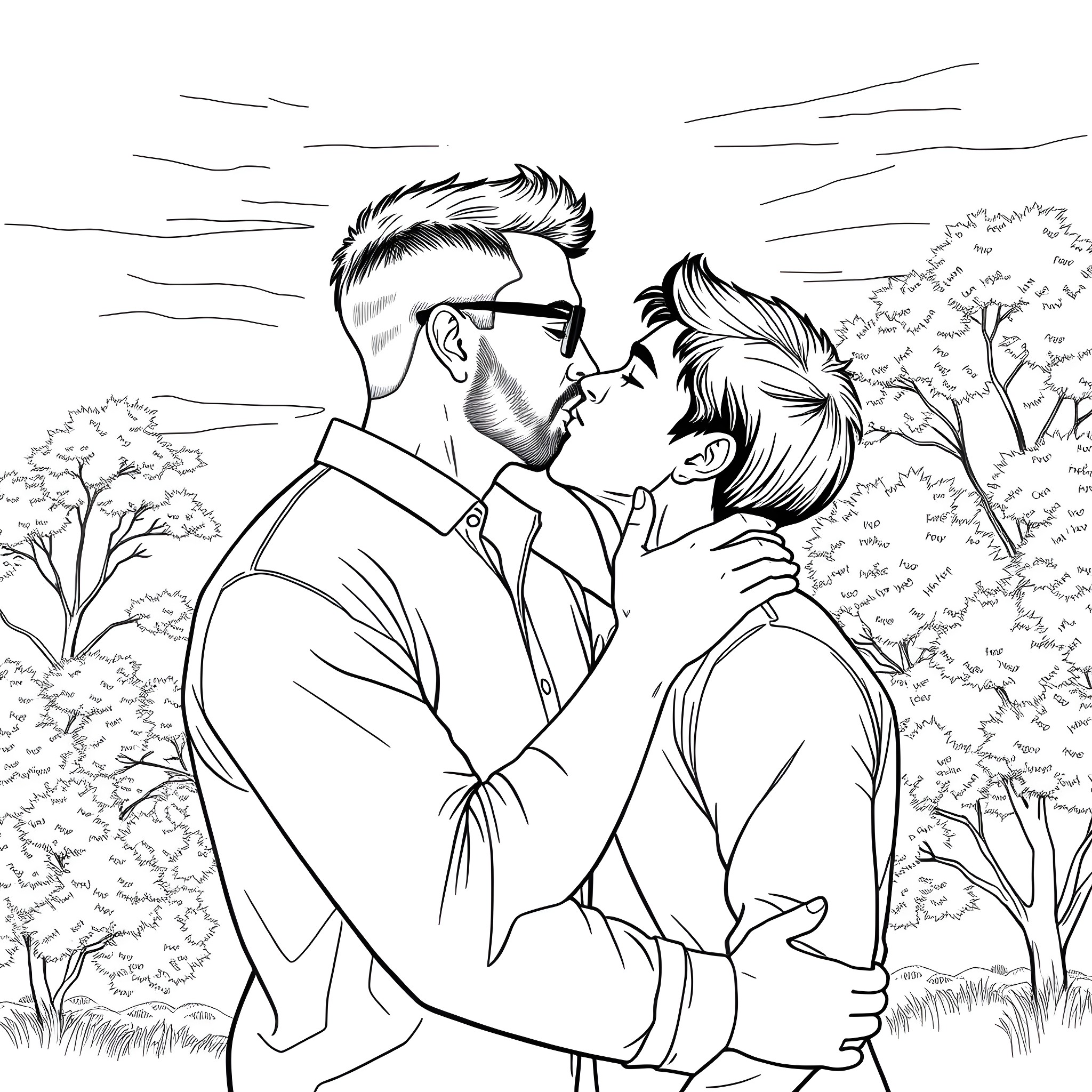 Man embracing another man in a garden setting Coloring Page (free black-and-white line drawing printable PDF for all, from beginners to advanced learners, including children, teens, adults, and seniors)