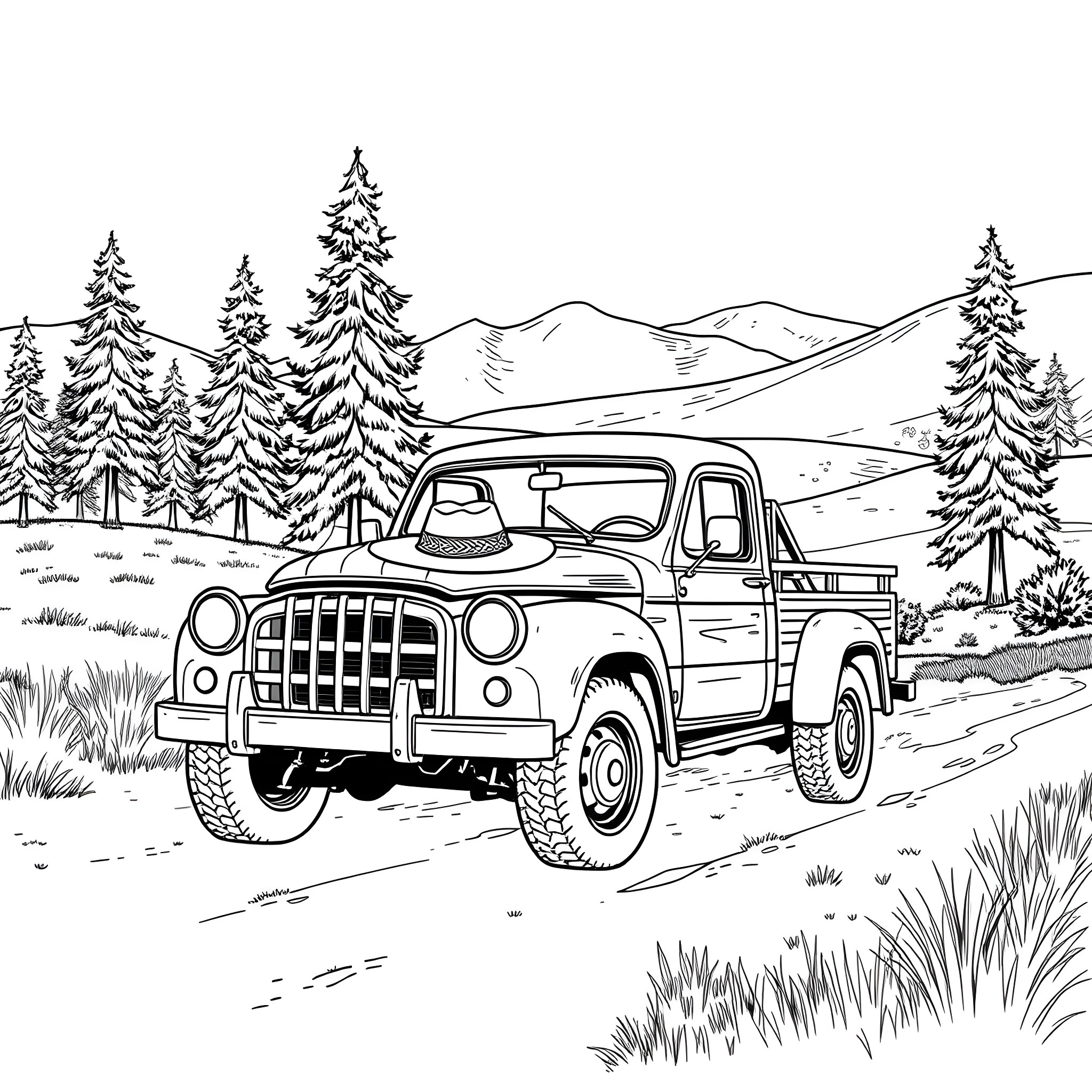 Pickup Truck Navigating Mountain Terrain Coloring Page (free black-and-white line drawing printable PDF for all, from beginners to advanced learners, including children, teens, adults, and seniors)