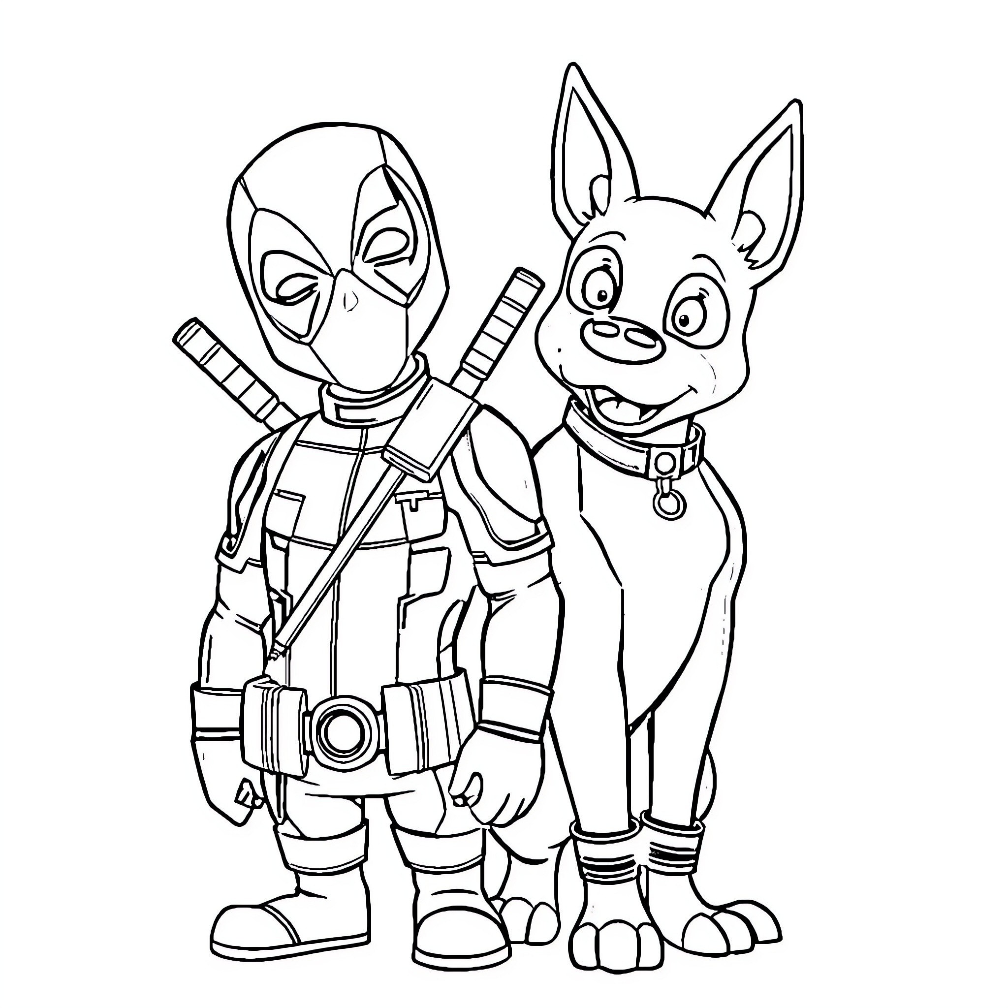 Deadpool and his canine companion in action Coloring Page (free black-and-white line drawing printable PDF for all, from beginners to advanced learners, including children, teens, adults, and seniors)