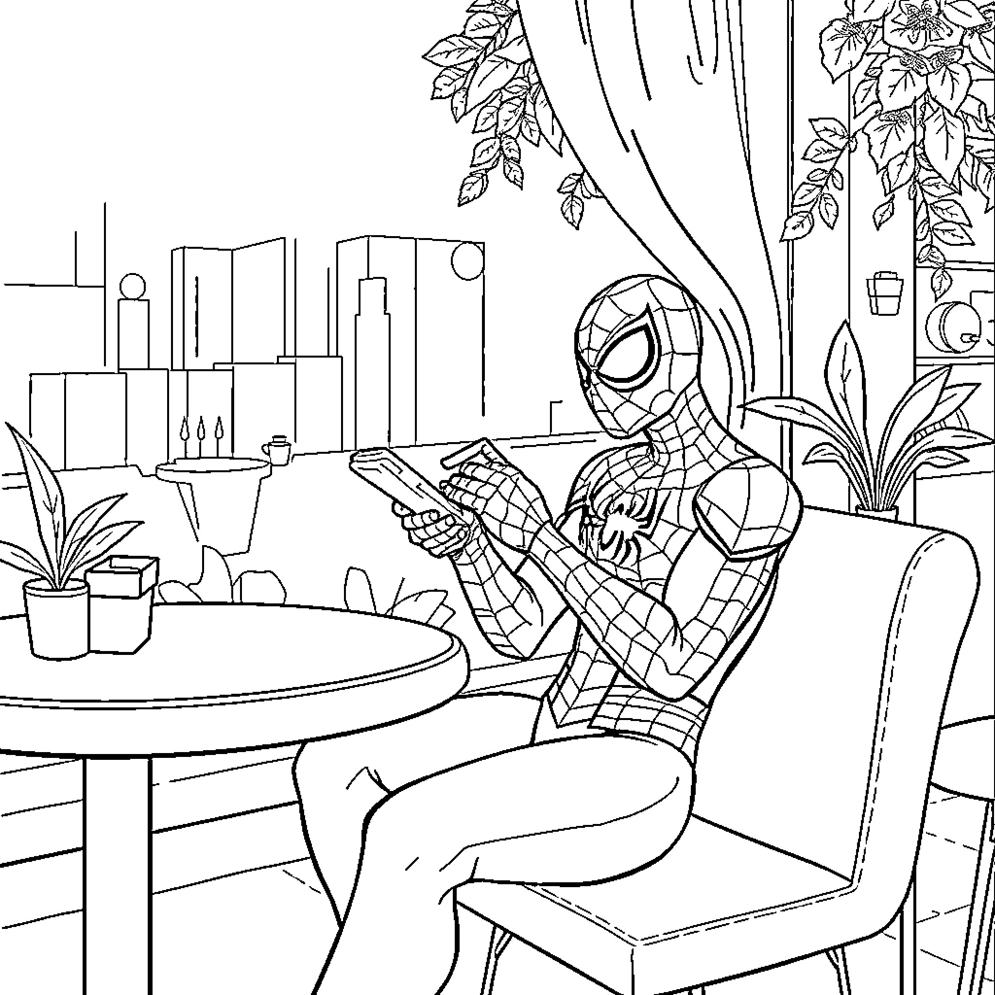 Spiderman relaxing at home with technology Coloring Page (free black-and-white line drawing printable PDF for all, from beginners to advanced learners, including children, teens, adults, and seniors)