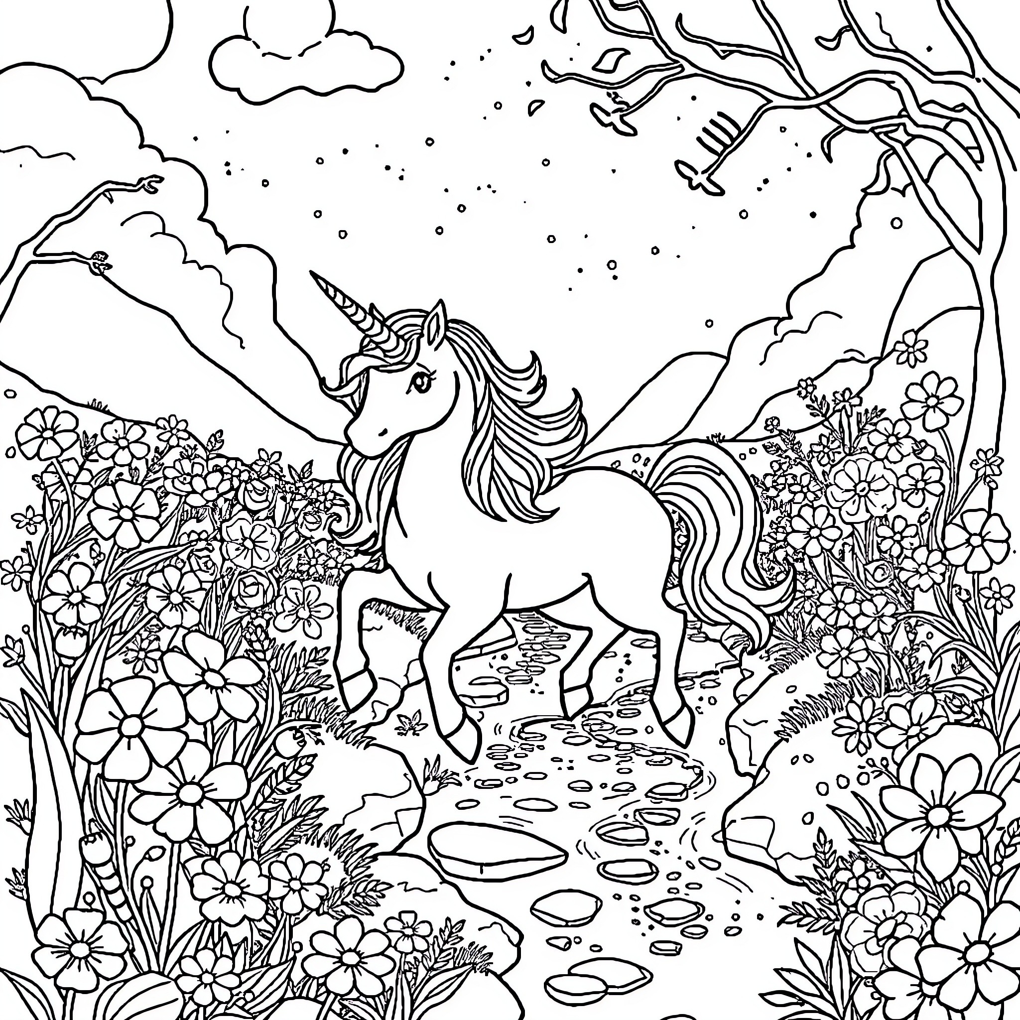 Unicorn in a Whimsical Floral Wonderland Coloring Page (free black-and-white line drawing printable PDF for all, from beginners to advanced learners, including children, teens, adults, and seniors)