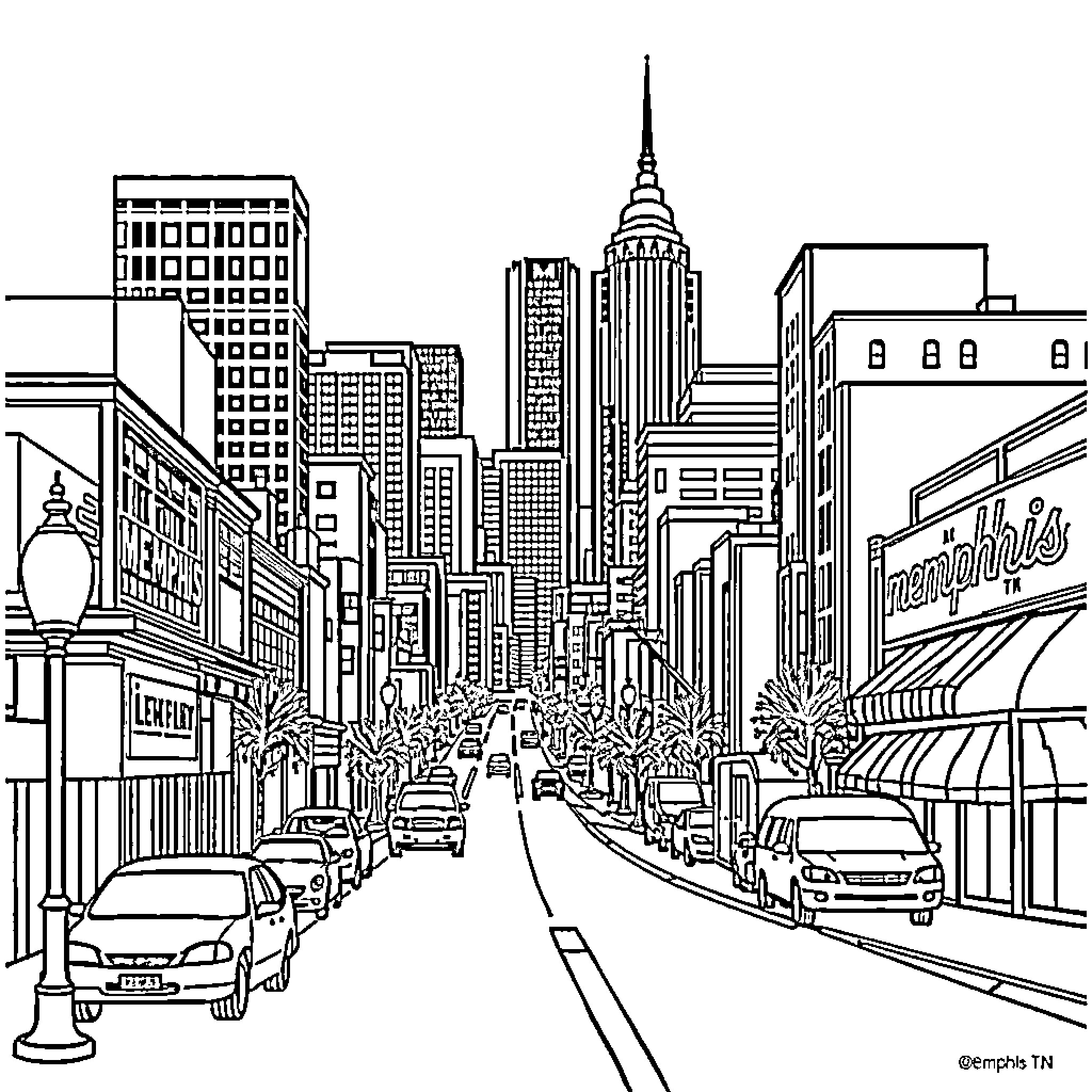 Memphis Skyline: Bustling City Scenes Coloring Page (free black-and-white line drawing printable PDF for all, from beginners to advanced learners, including children, teens, adults, and seniors)