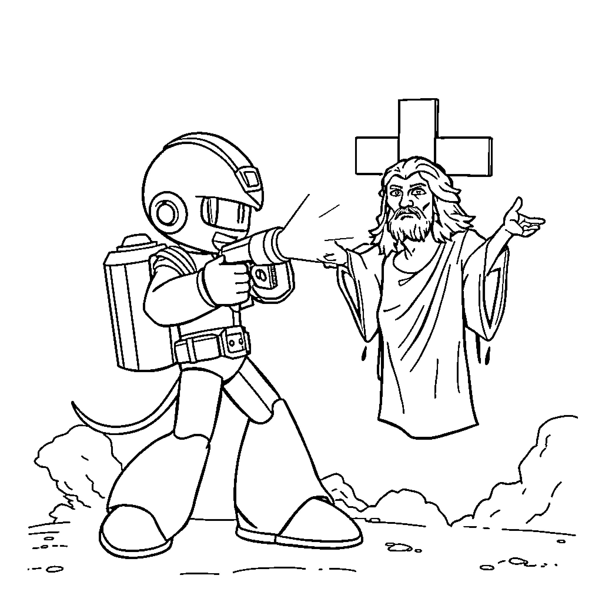 Megaman Confronting the Divine in the Clouds Coloring Page (free black-and-white line drawing printable PDF for all, from beginners to advanced learners, including children, teens, adults, and seniors)