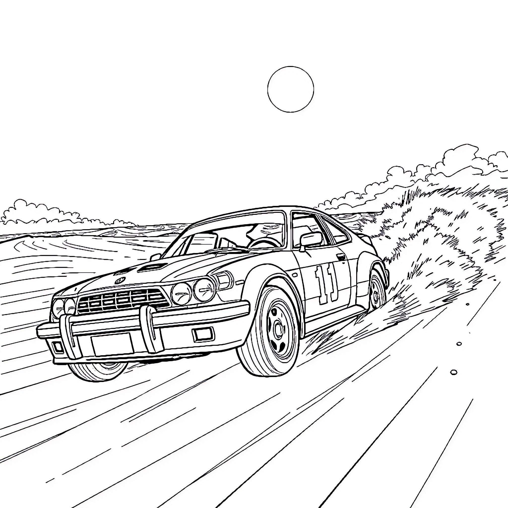 Car racing on winding road through countryside Coloring Page (free black-and-white line drawing printable PDF for all, from beginners to advanced learners, including children, teens, adults, and seniors)