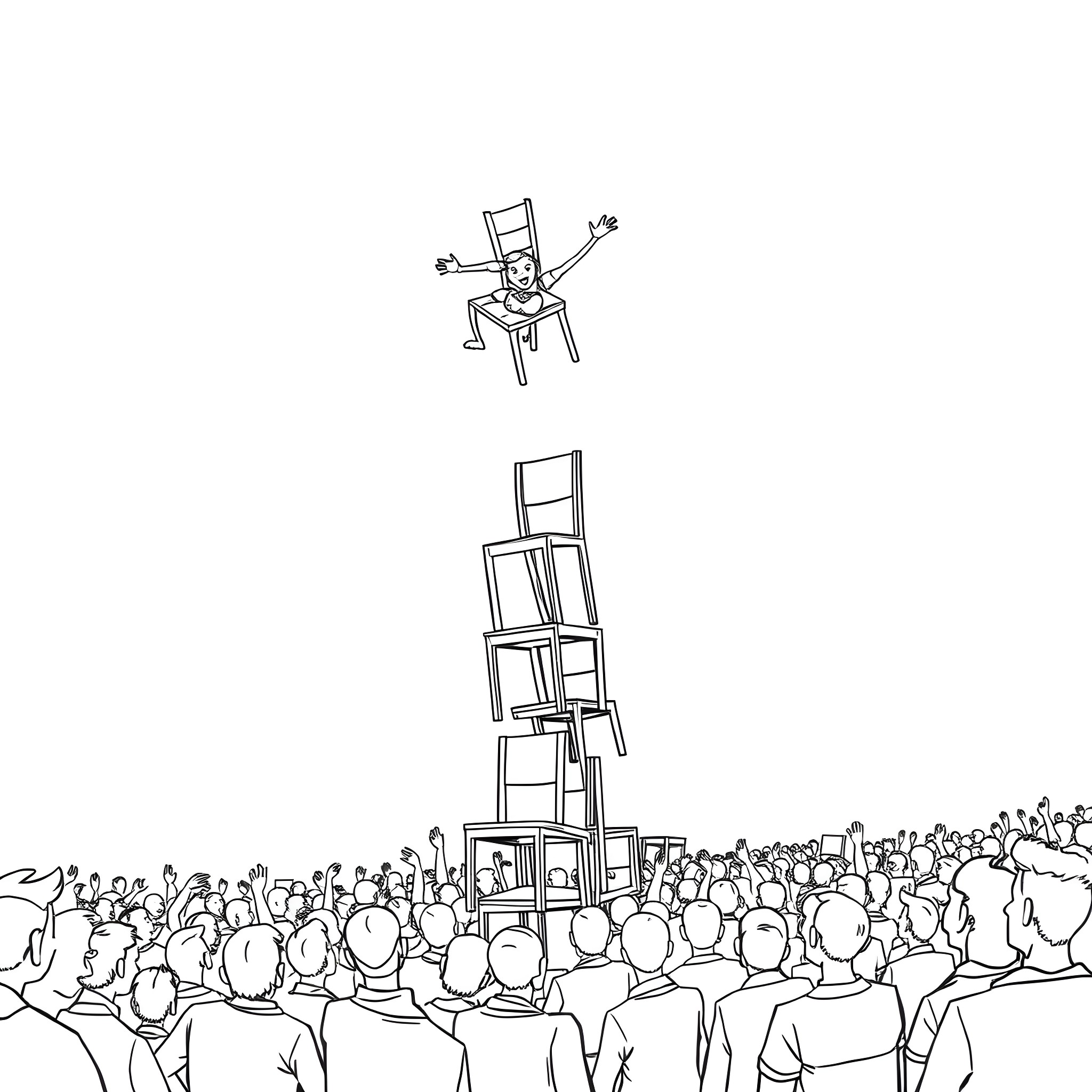 Chair balancing act in front of crowd Coloring Page (free black-and-white line drawing printable PDF for all, from beginners to advanced learners, including children, teens, adults, and seniors)