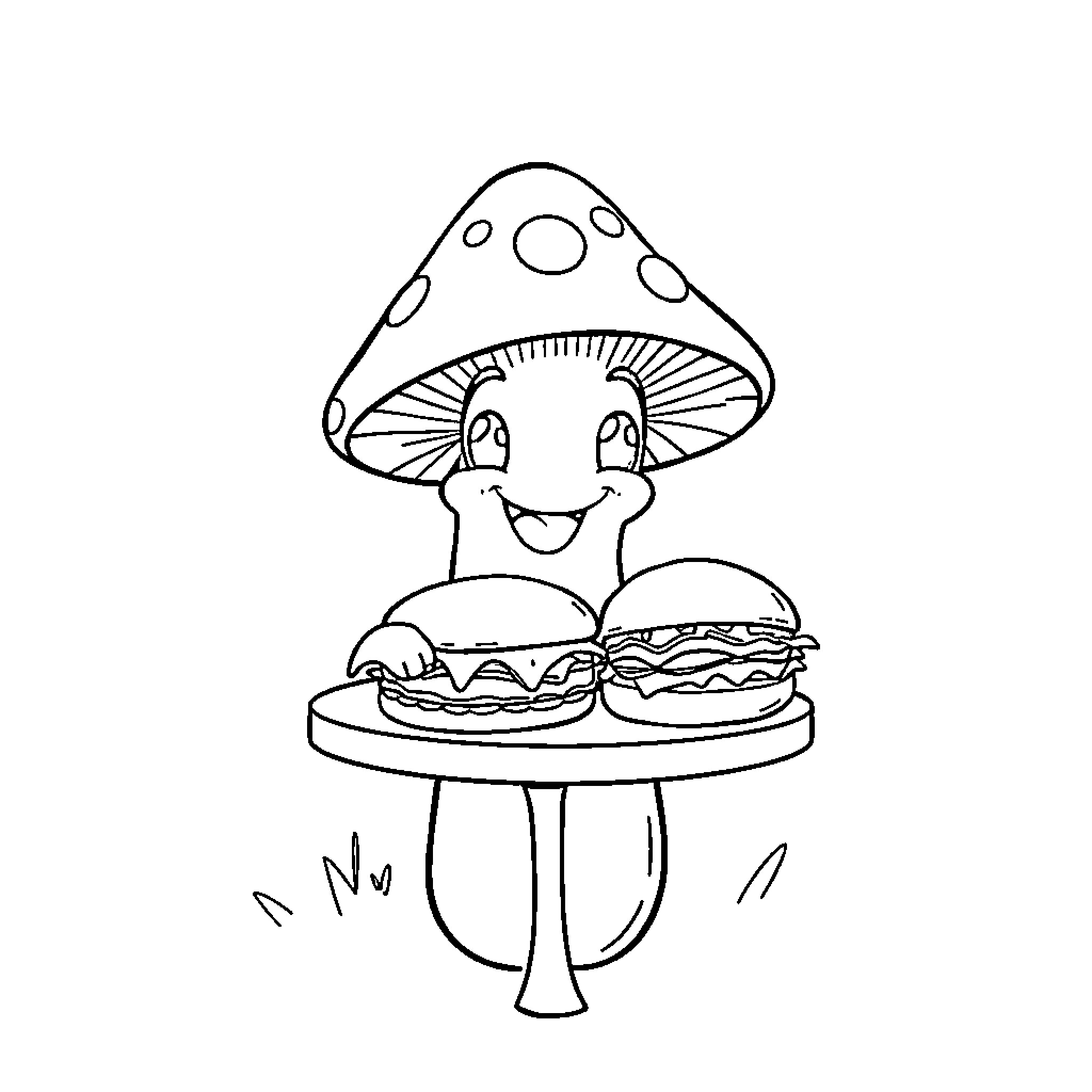 Mushroom serving delicious burgers Coloring Page (free black-and-white line drawing printable PDF for all, from beginners to advanced learners, including children, teens, adults, and seniors)